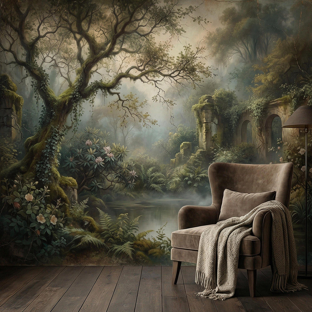 Misty Secret Garden Peel and Stick Wall Mural, Moody Woodland Ruins Landscape, Dark Academia Botanical Wallpaper