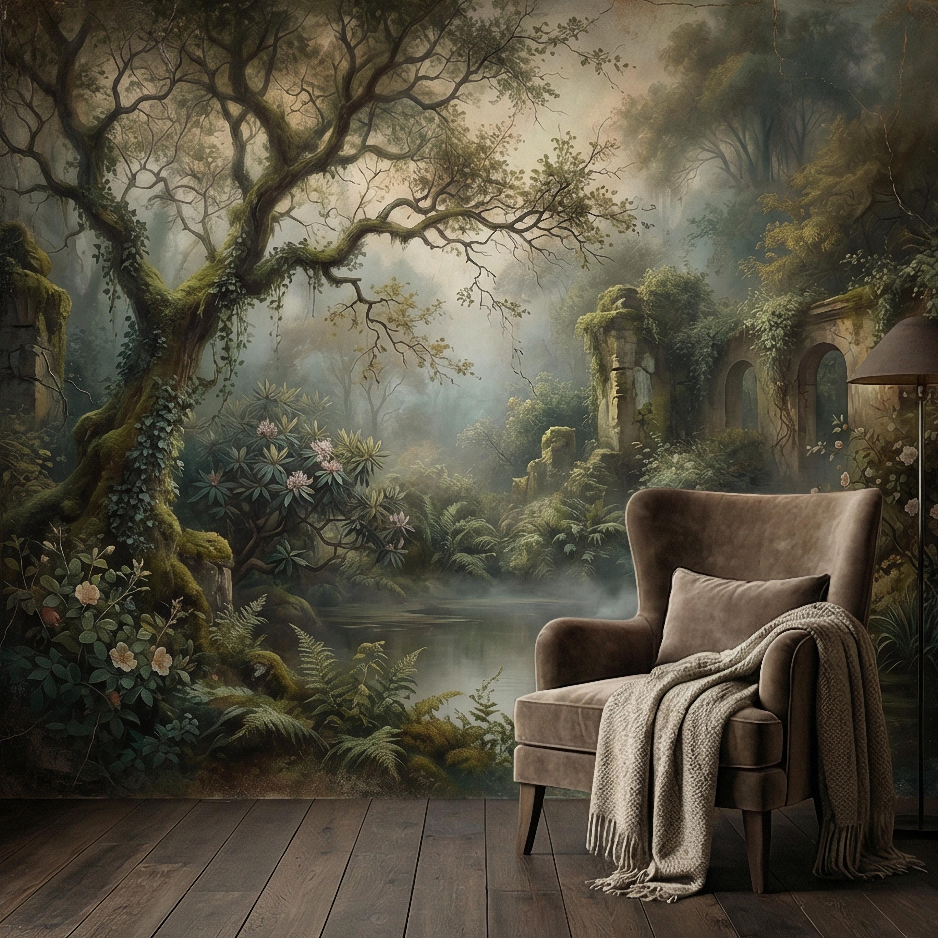 Misty Secret Garden Peel and Stick Wall Mural, Moody Woodland Ruins Landscape, Dark Academia Botanical Wallpaper