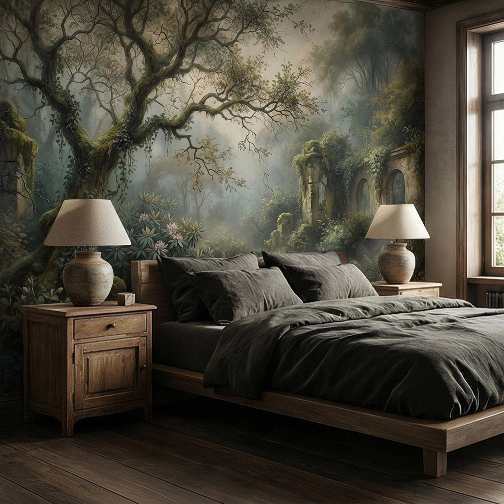 Misty Secret Garden Peel and Stick Wall Mural, Moody Woodland Ruins Landscape, Dark Academia Botanical Wallpaper