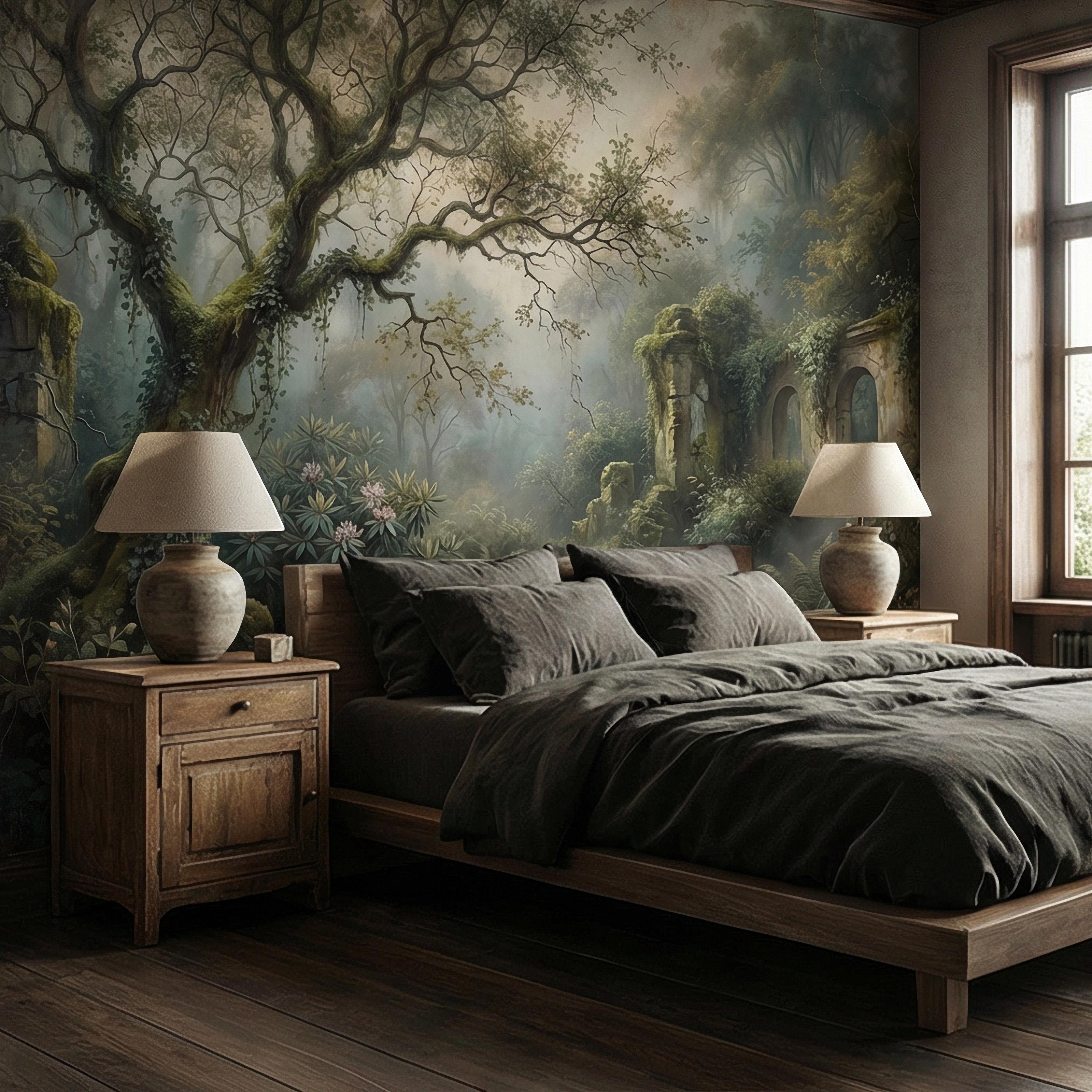 Misty Secret Garden Peel and Stick Wall Mural, Moody Woodland Ruins Landscape, Dark Academia Botanical Wallpaper