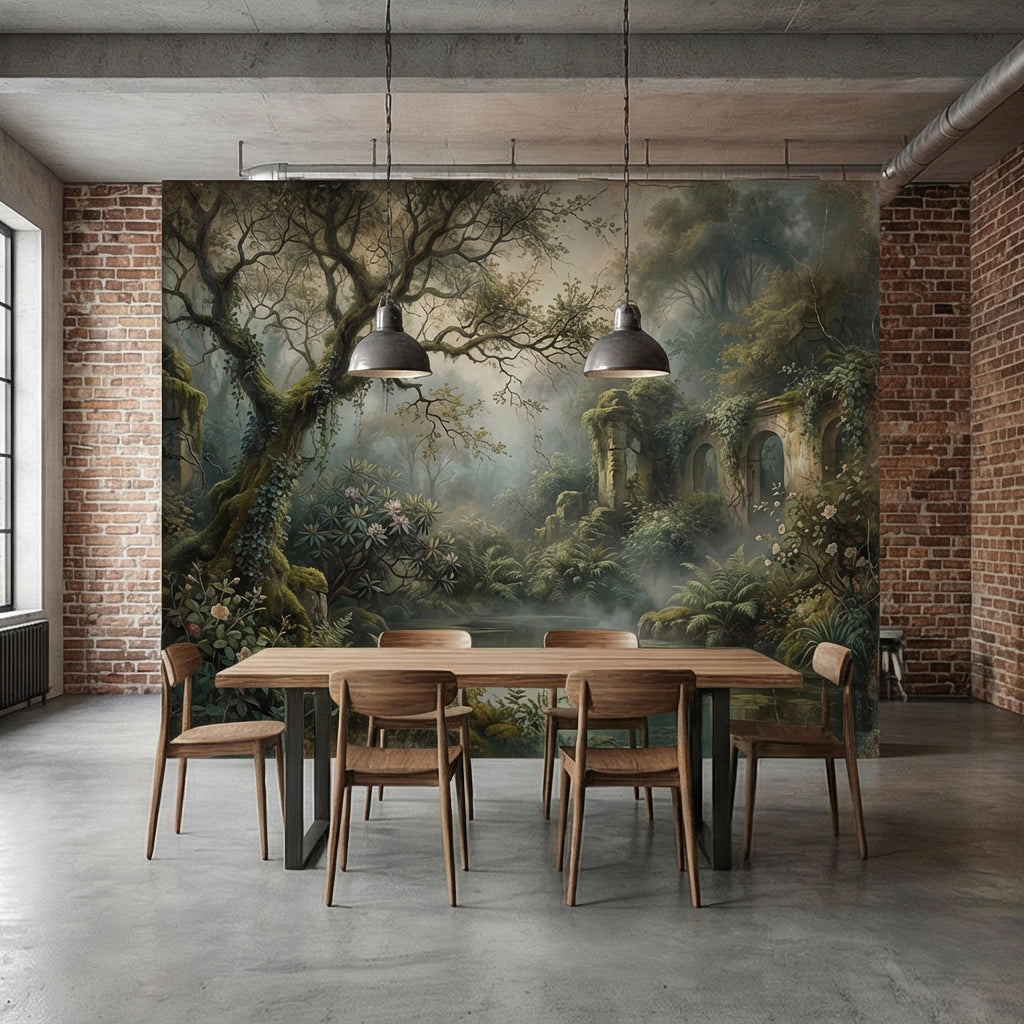 Misty Secret Garden Peel and Stick Wall Mural, Moody Woodland Ruins Landscape, Dark Academia Botanical Wallpaper