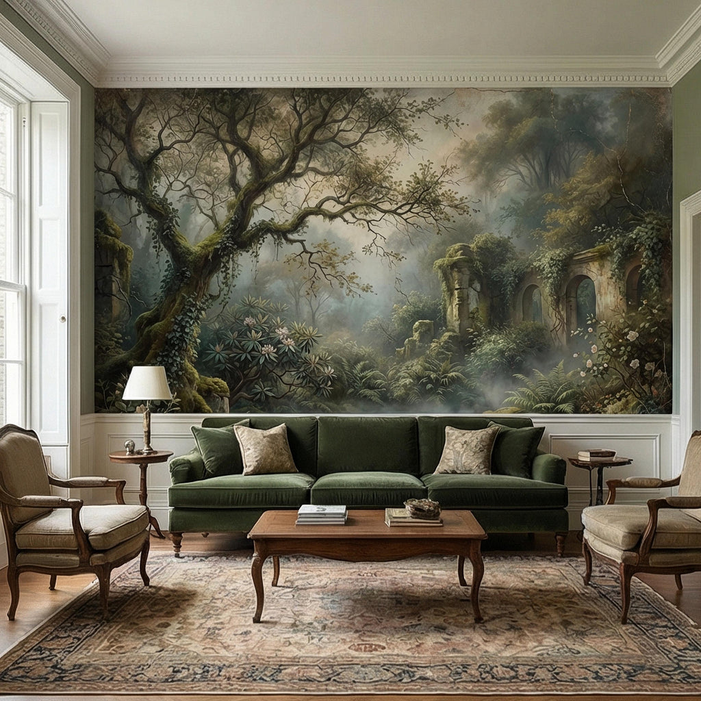 Misty Secret Garden Peel and Stick Wall Mural, Moody Woodland Ruins Landscape, Dark Academia Botanical Wallpaper