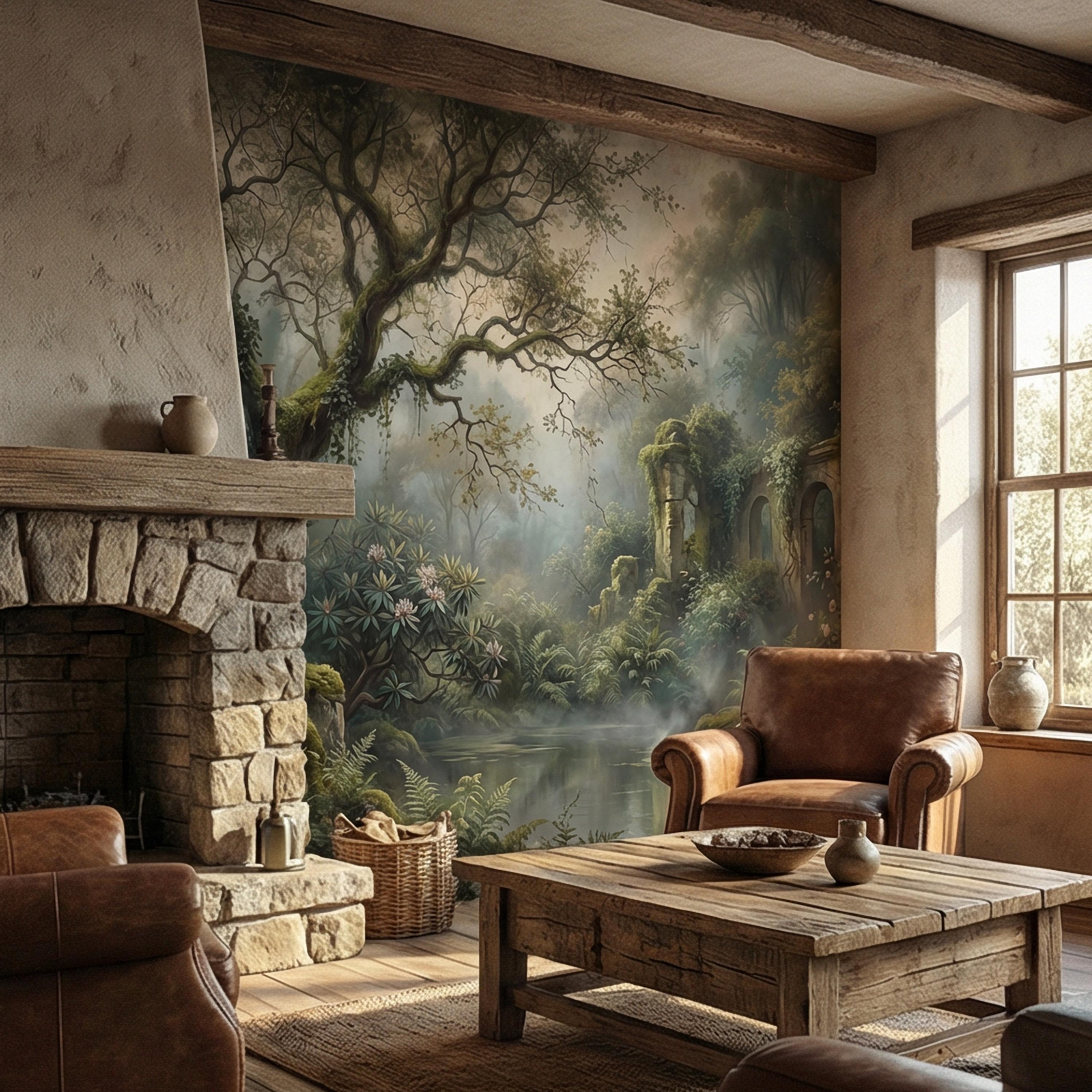 Misty Secret Garden Peel and Stick Wall Mural, Moody Woodland Ruins Landscape, Dark Academia Botanical Wallpaper