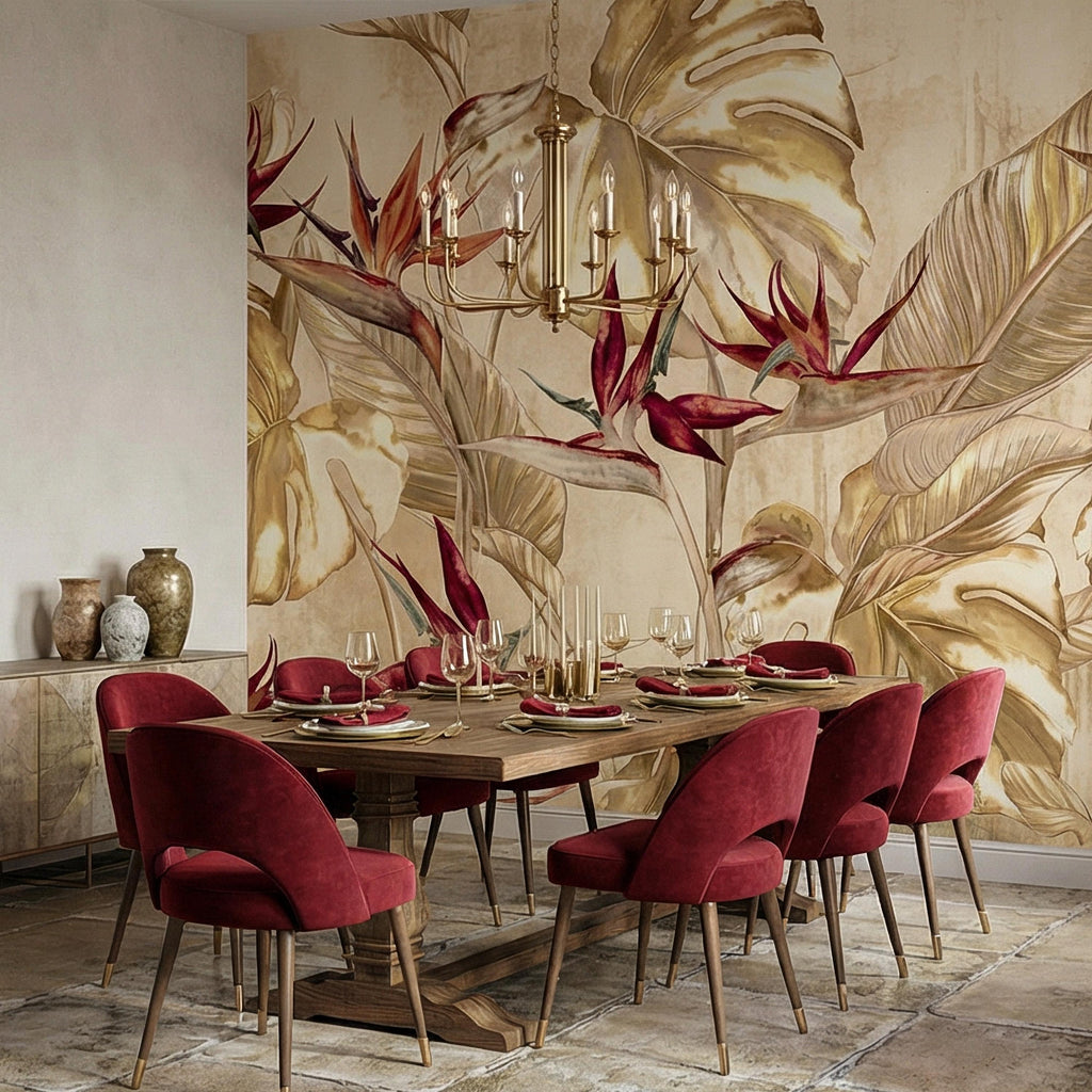 Bird of Paradise Flowers Peel and Stick Wall Mural, Gold Monstera Leaves, Neutral Tropical Botanical, Elegant Exotic Ivory Floral Wallpaper