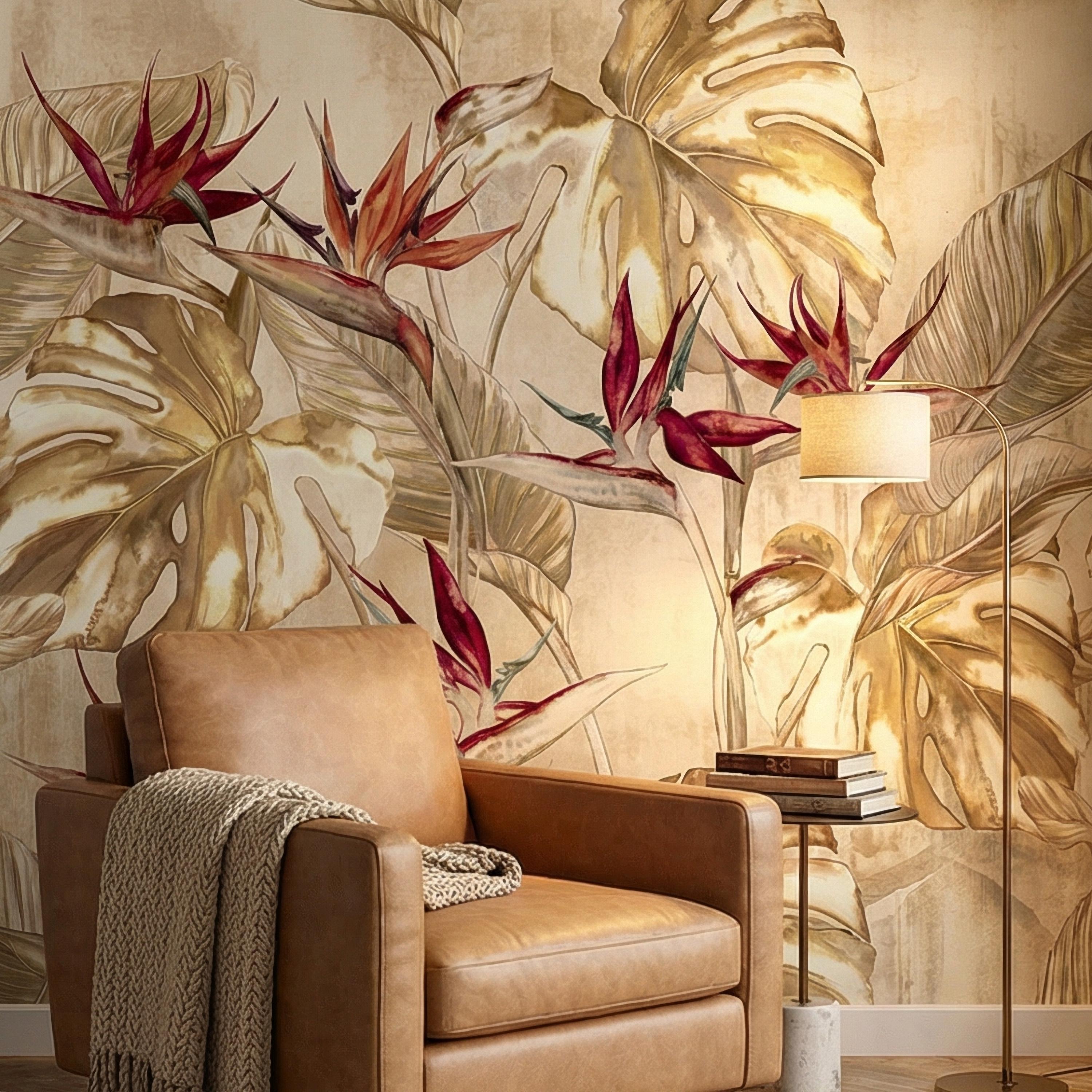 Bird of Paradise Flowers Peel and Stick Wall Mural, Gold Monstera Leaves, Neutral Tropical Botanical, Elegant Exotic Ivory Floral Wallpaper