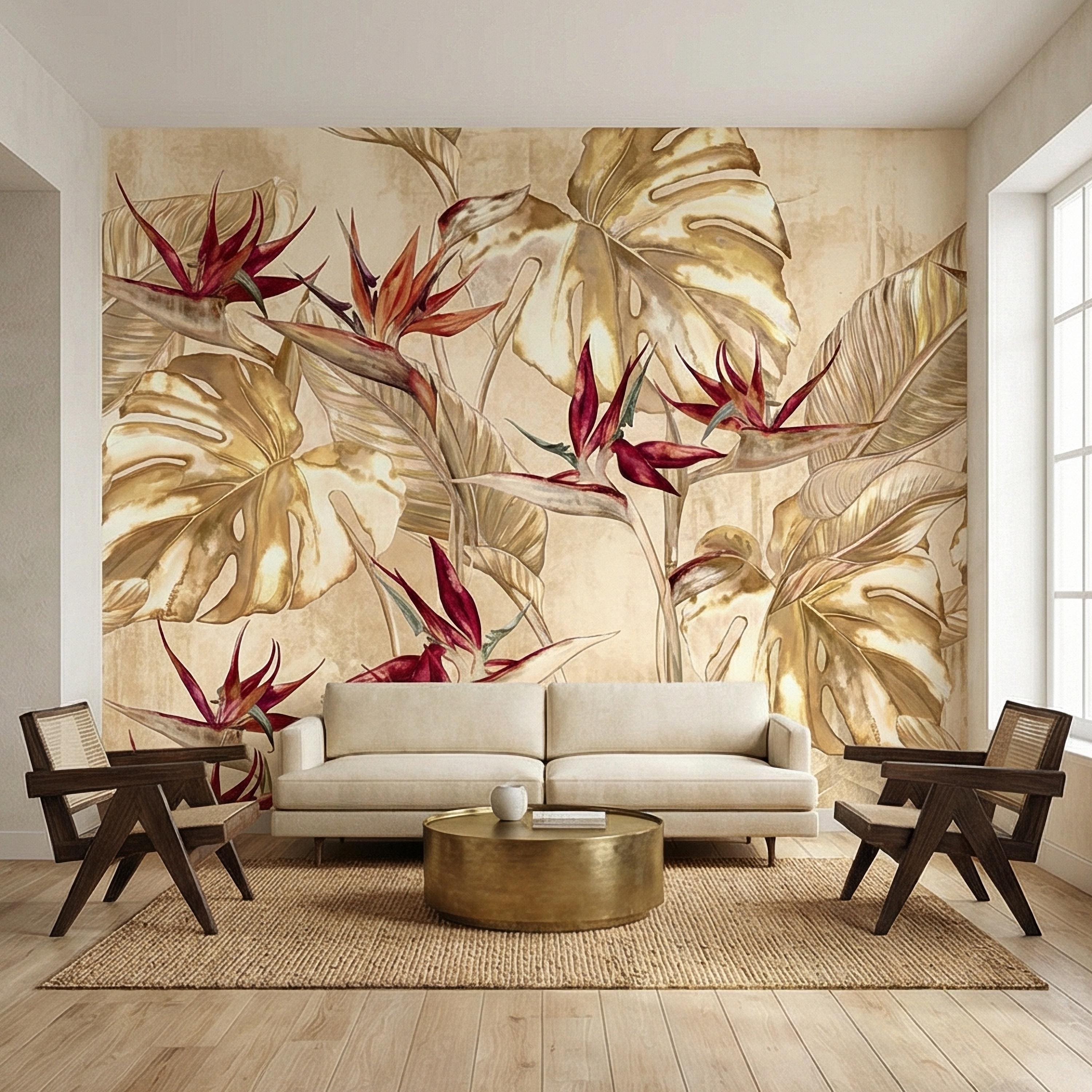Bird of Paradise Flowers Peel and Stick Wall Mural, Gold Monstera Leaves, Neutral Tropical Botanical, Elegant Exotic Ivory Floral Wallpaper