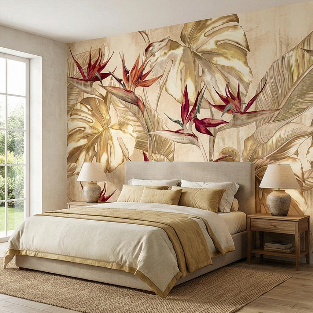 Bird of Paradise Flowers Peel and Stick Wall Mural, Gold Monstera Leaves, Neutral Tropical Botanical, Elegant Exotic Ivory Floral Wallpaper