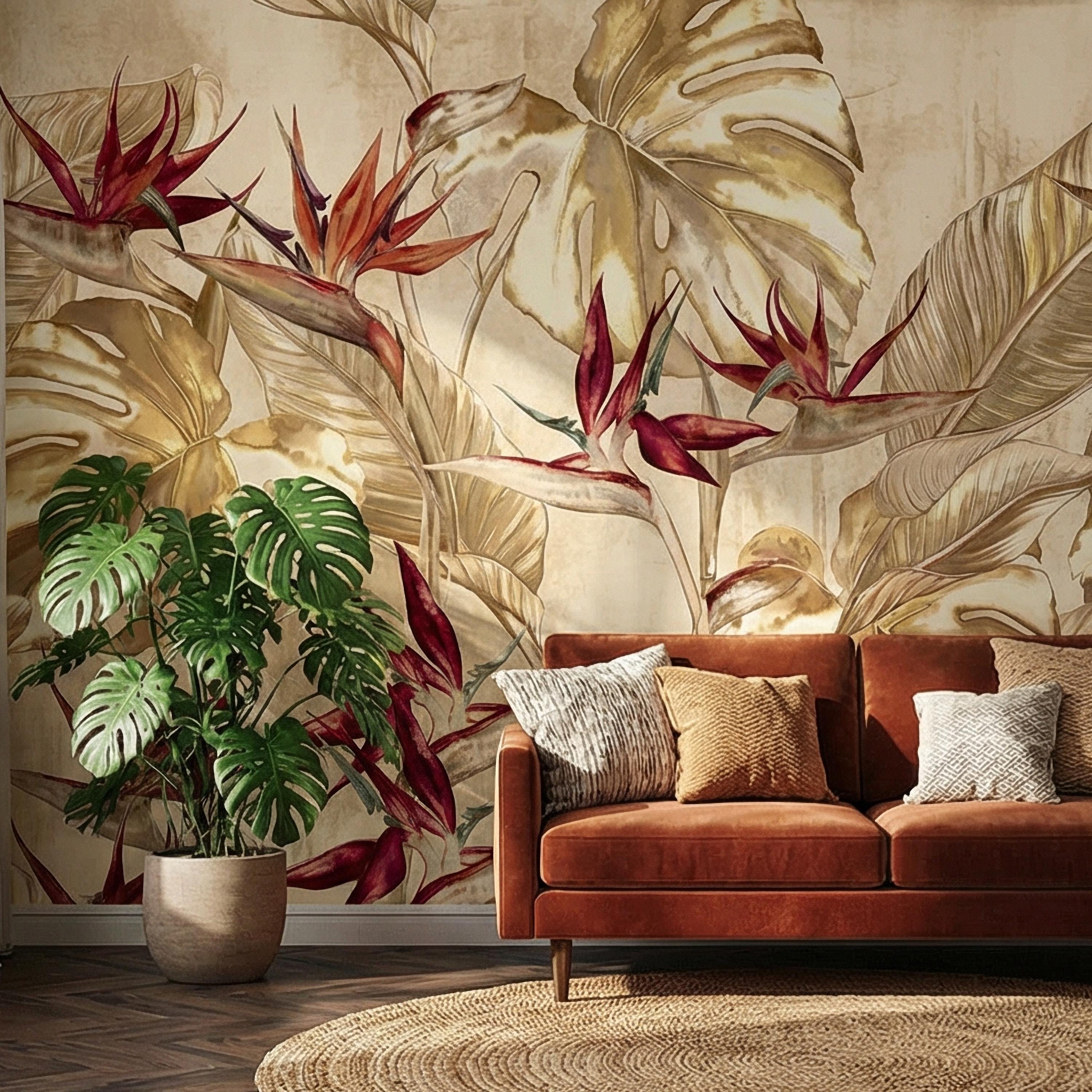 Bird of Paradise Flowers Peel and Stick Wall Mural, Gold Monstera Leaves, Neutral Tropical Botanical, Elegant Exotic Ivory Floral Wallpaper