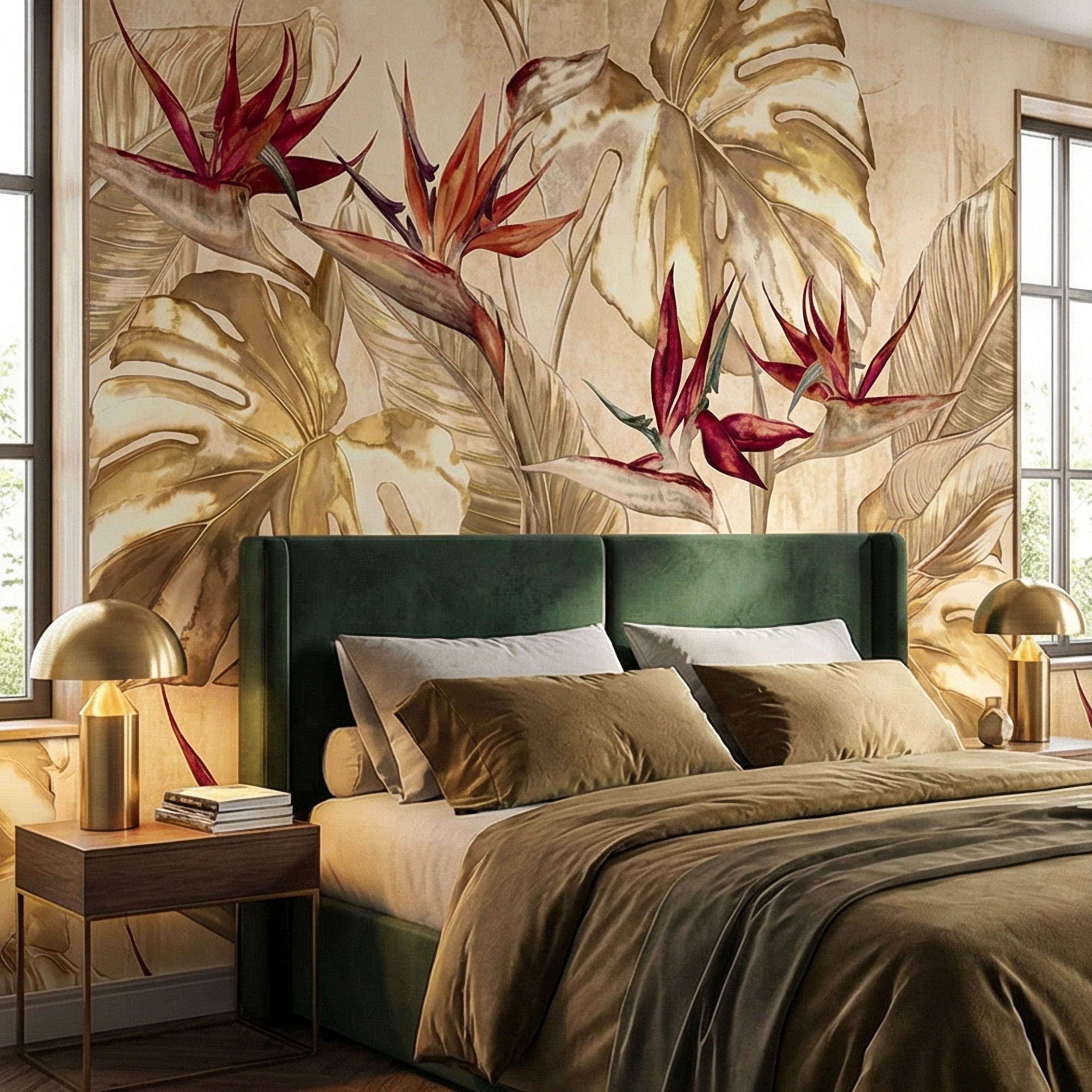 Bird of Paradise Flowers Peel and Stick Wall Mural, Gold Monstera Leaves, Neutral Tropical Botanical, Elegant Exotic Ivory Floral Wallpaper