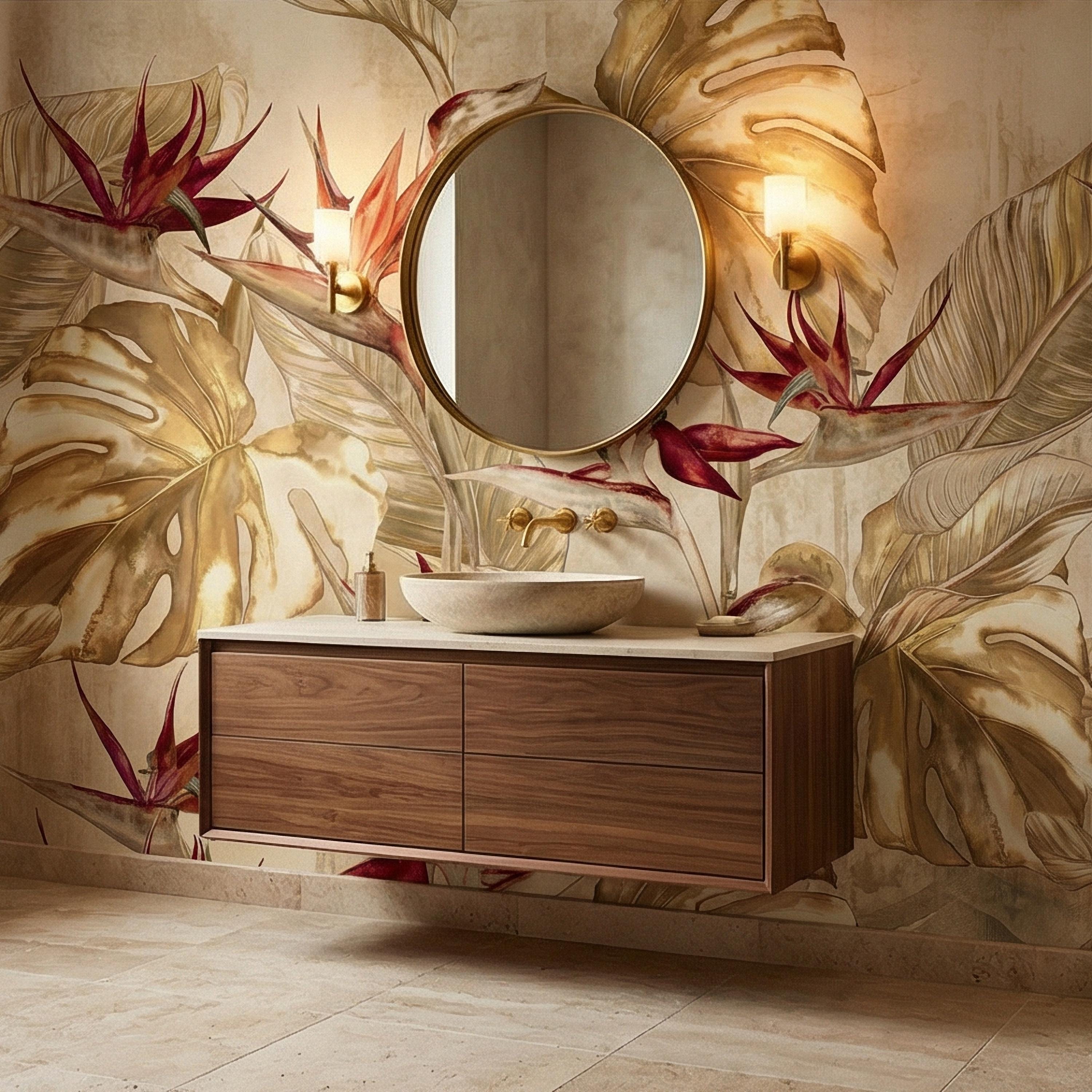 Bird of Paradise Flowers Peel and Stick Wall Mural, Gold Monstera Leaves, Neutral Tropical Botanical, Elegant Exotic Ivory Floral Wallpaper