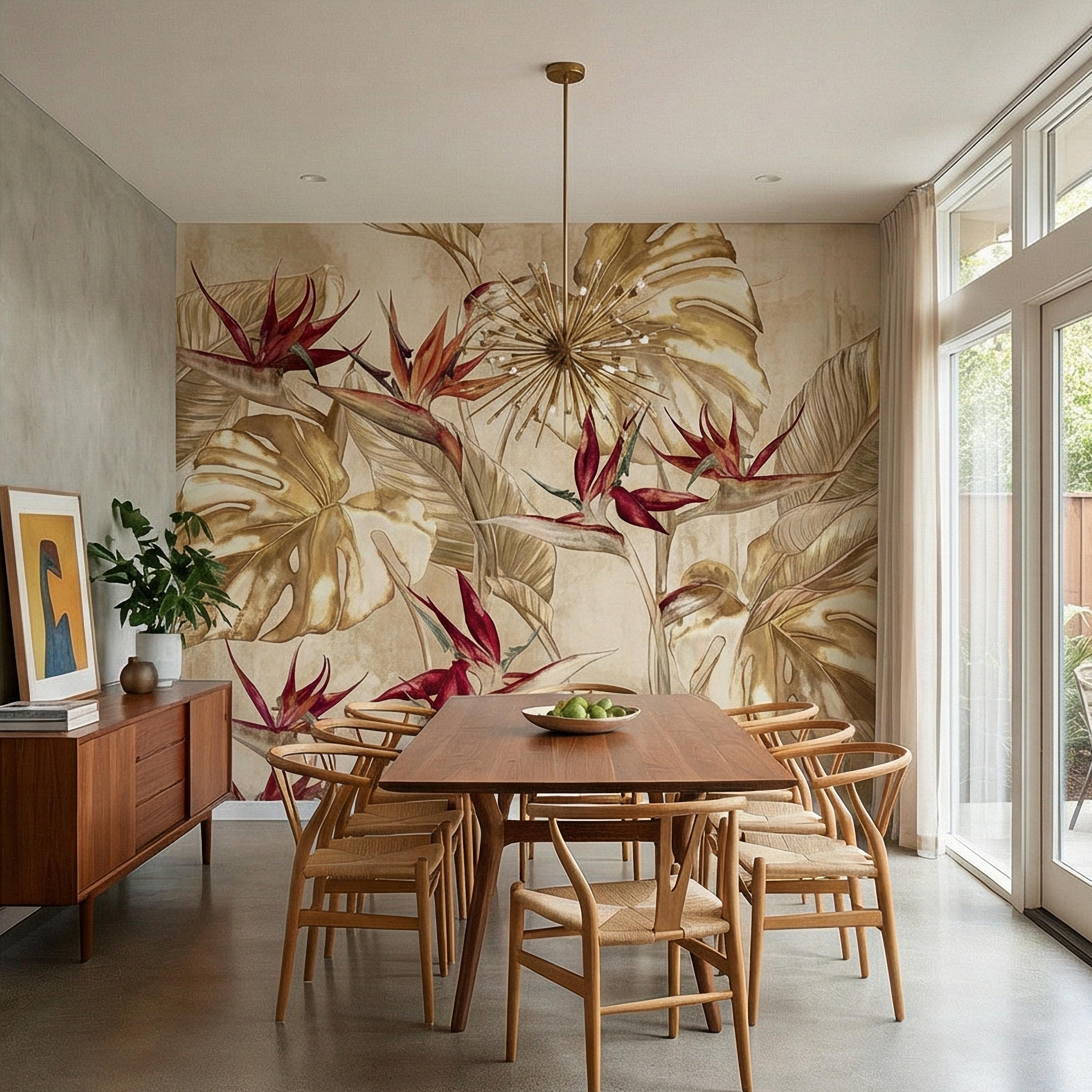 Bird of Paradise Flowers Peel and Stick Wall Mural, Gold Monstera Leaves, Neutral Tropical Botanical, Elegant Exotic Ivory Floral Wallpaper