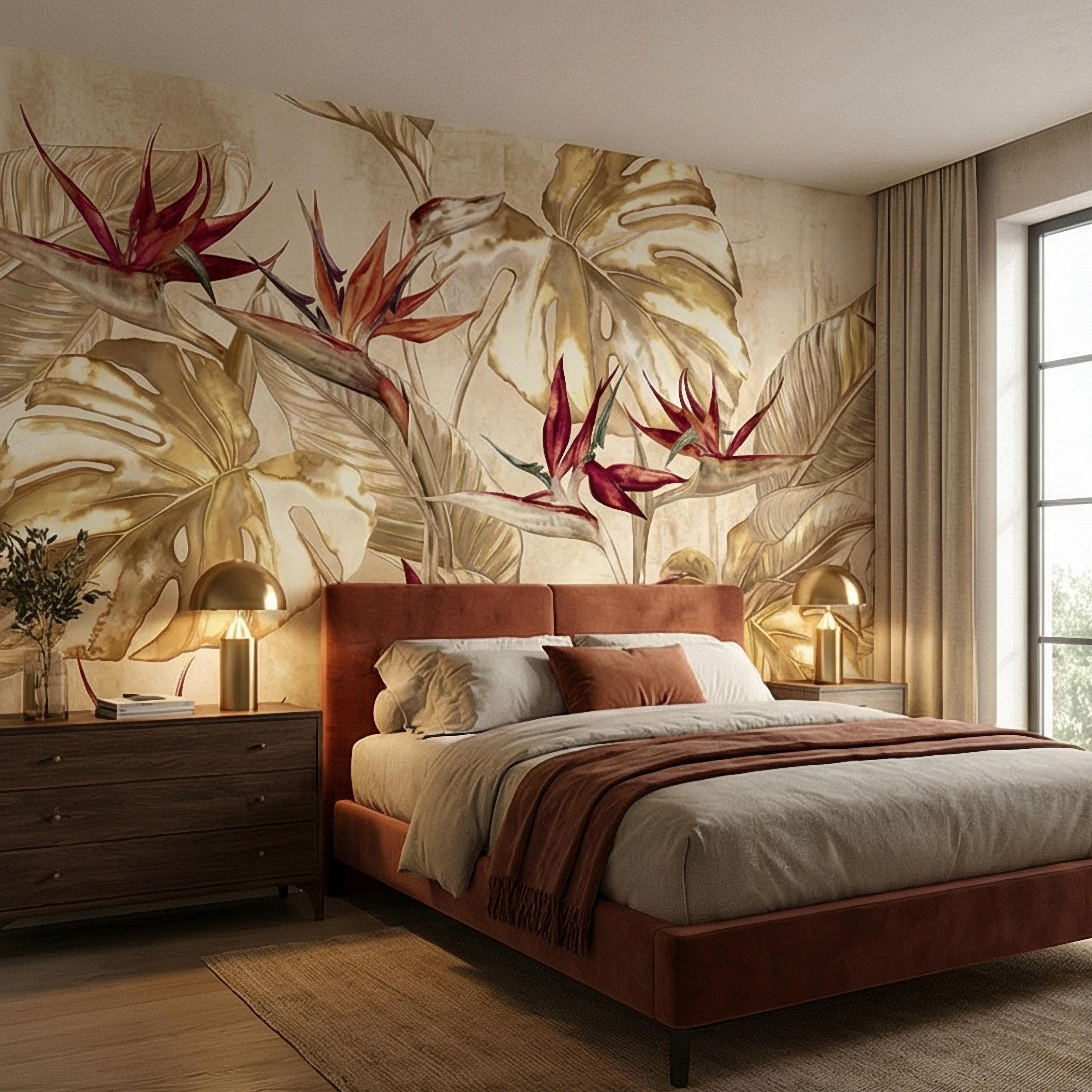 Bird of Paradise Flowers Peel and Stick Wall Mural, Gold Monstera Leaves, Neutral Tropical Botanical, Elegant Exotic Ivory Floral Wallpaper