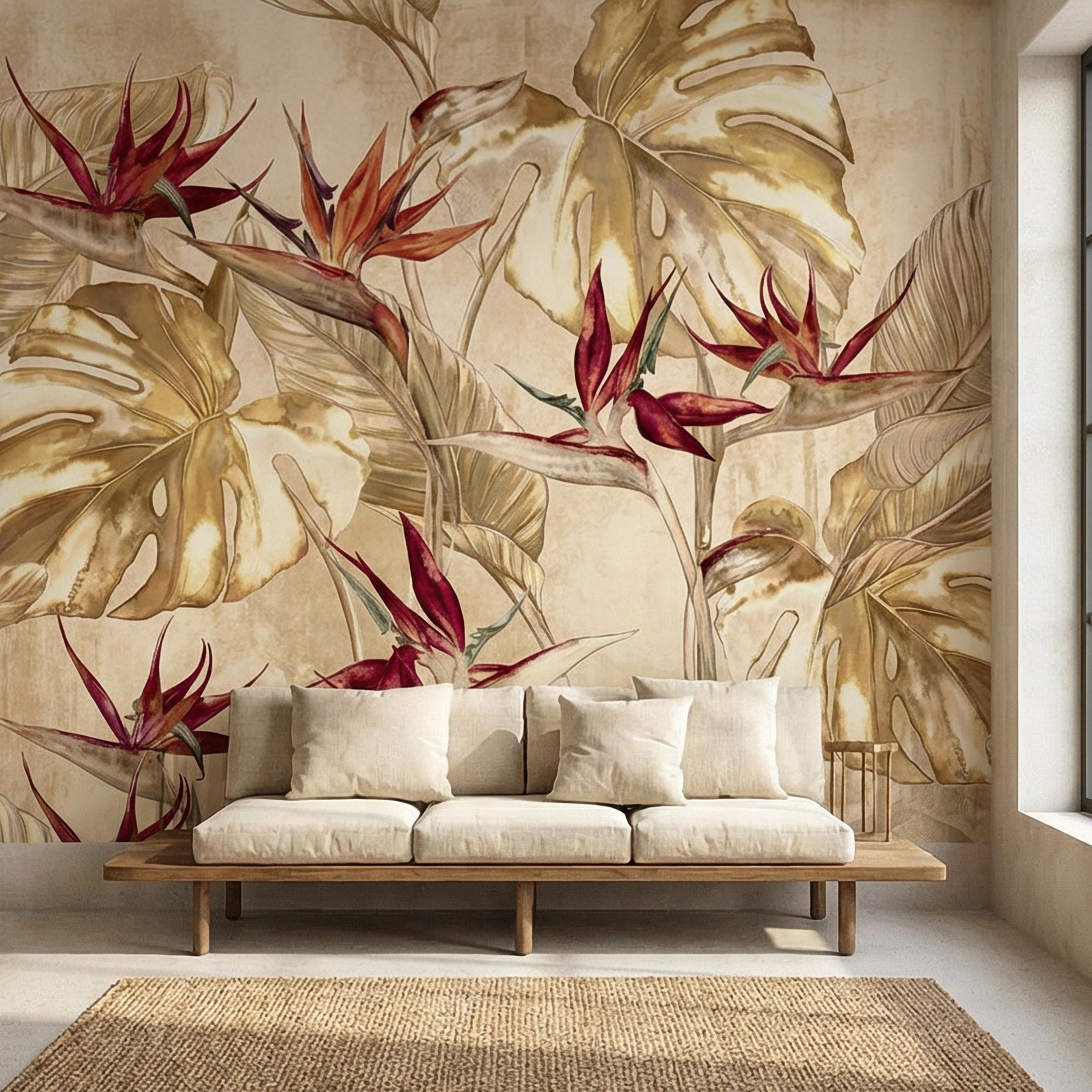 Bird of Paradise Flowers Peel and Stick Wall Mural, Gold Monstera Leaves, Neutral Tropical Botanical, Elegant Exotic Ivory Floral Wallpaper