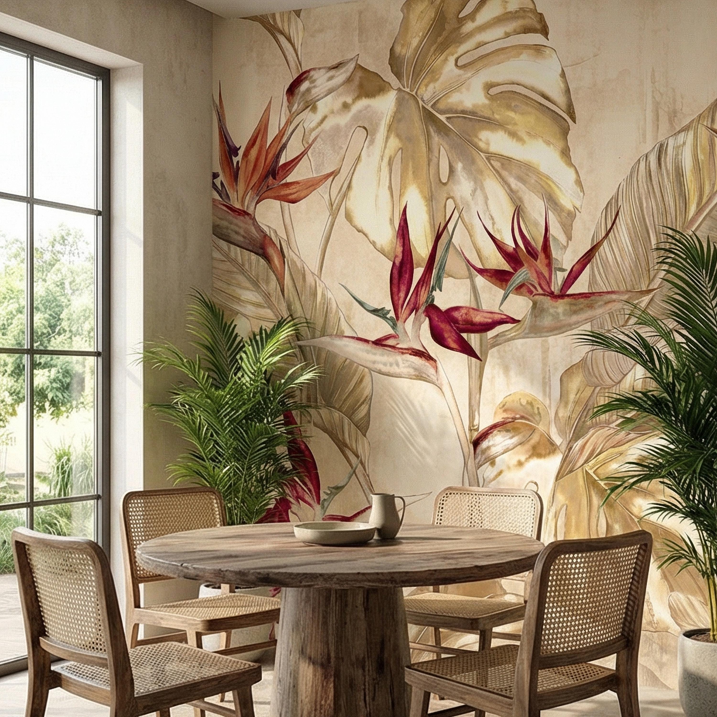 Bird of Paradise Flowers Peel and Stick Wall Mural, Gold Monstera Leaves, Neutral Tropical Botanical, Elegant Exotic Ivory Floral Wallpaper