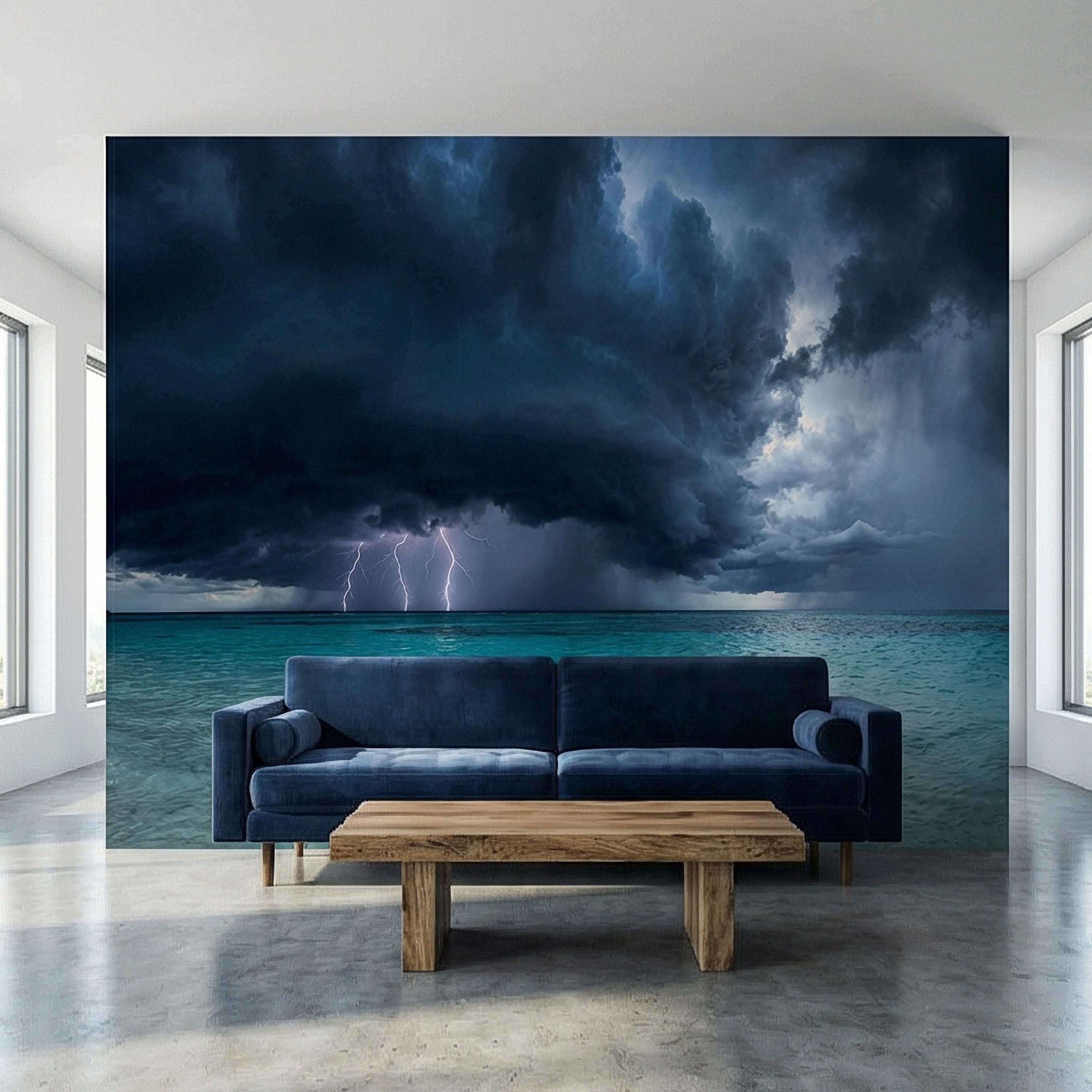 Tropical Storm Lightning Peel and Stick Wall Mural, Turquoise Ocean Thunderstorm Seascape Wallpaper