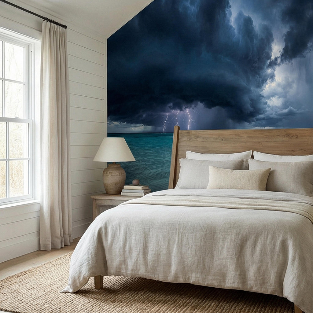 Tropical Storm Lightning Peel and Stick Wall Mural, Turquoise Ocean Thunderstorm Seascape Wallpaper