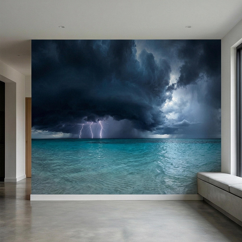 Tropical Storm Lightning Peel and Stick Wall Mural, Turquoise Ocean Thunderstorm Seascape Wallpaper