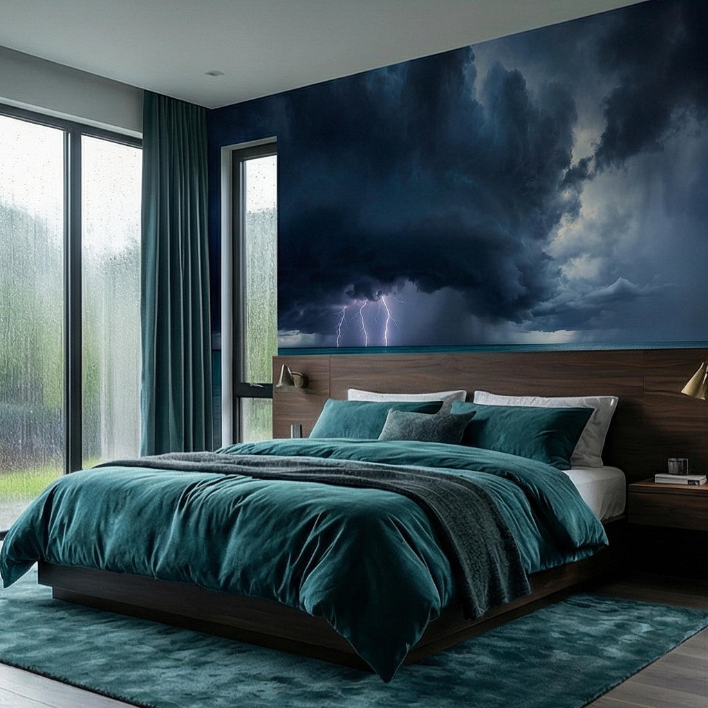Tropical Storm Lightning Peel and Stick Wall Mural, Turquoise Ocean Thunderstorm Seascape Wallpaper