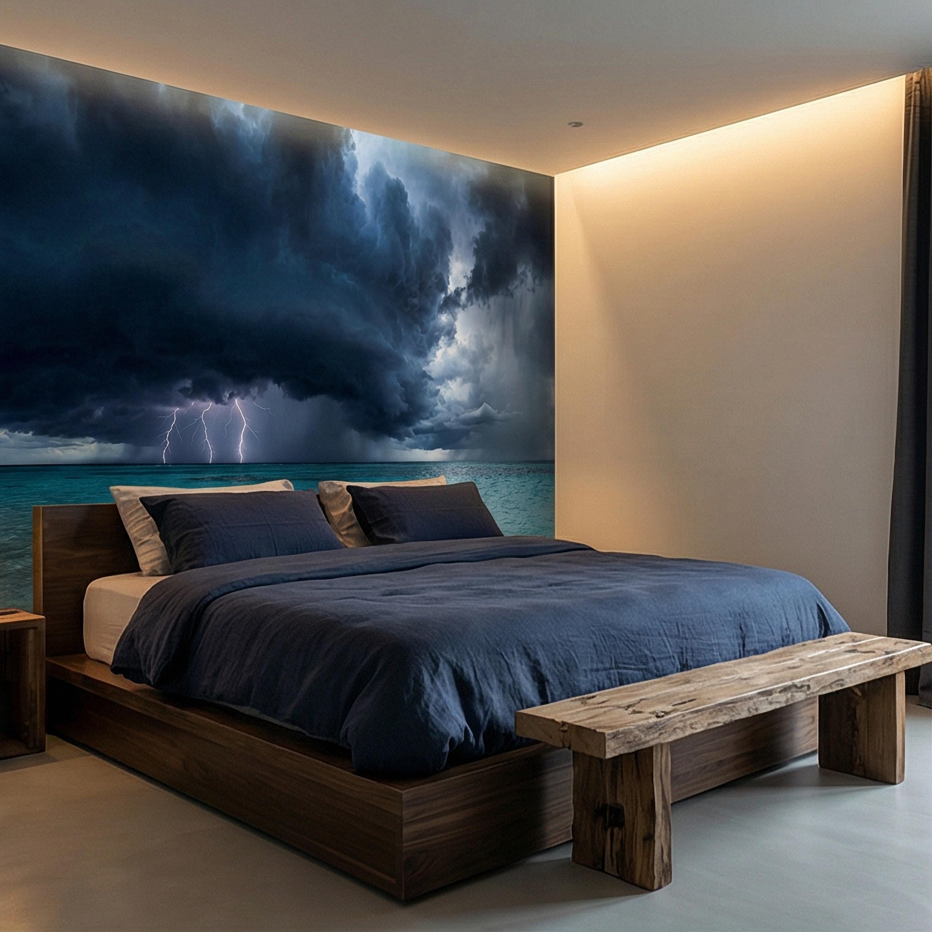 Tropical Storm Lightning Peel and Stick Wall Mural, Turquoise Ocean Thunderstorm Seascape Wallpaper