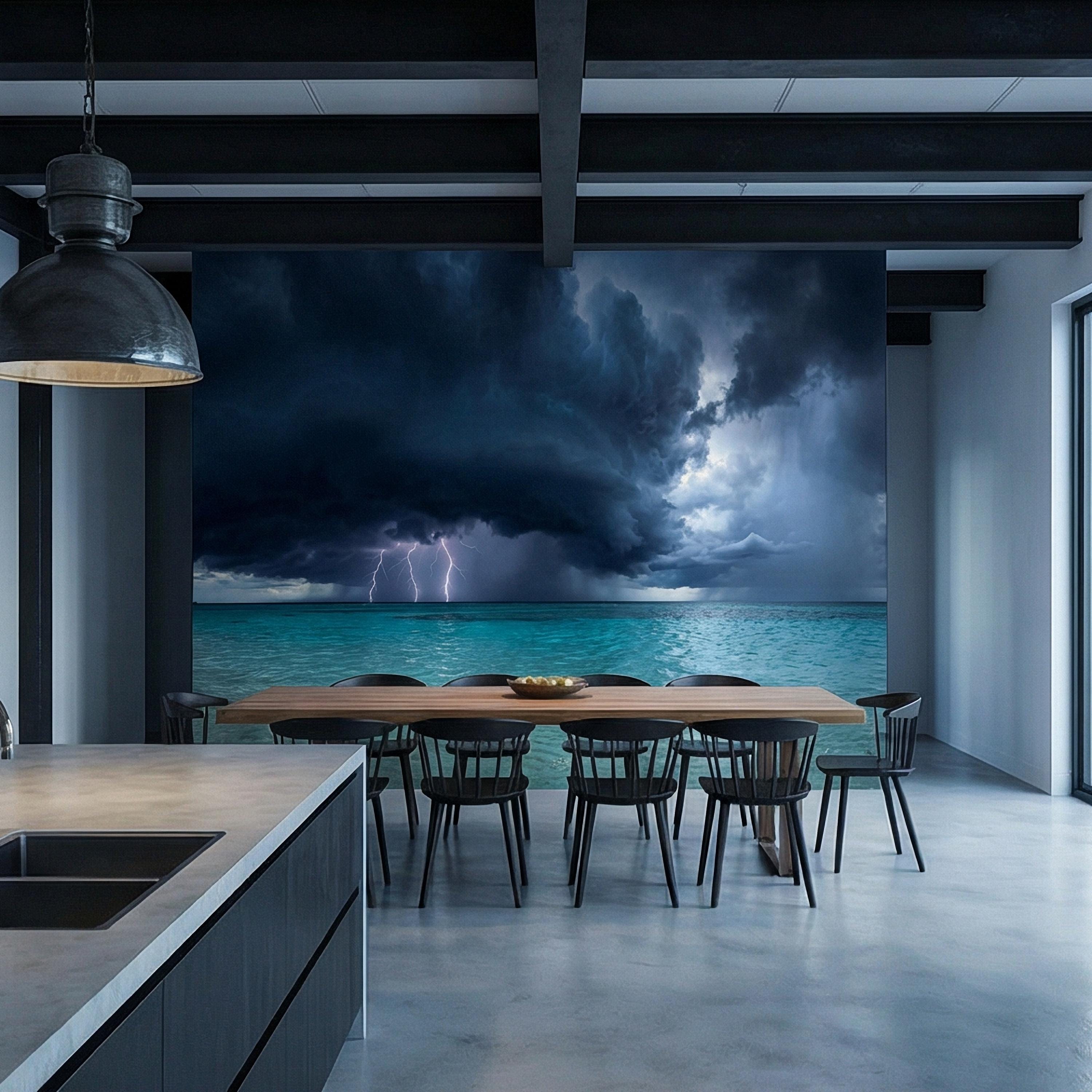 Tropical Storm Lightning Peel and Stick Wall Mural, Turquoise Ocean Thunderstorm Seascape Wallpaper