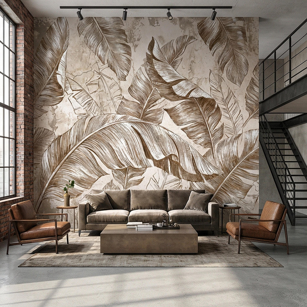 Tropical Banana Leaf Peel and Stick Wall Mural, Neutral Beige Palm Fronds, Textured Hand Drawn Large Scale Botanical Leaves Wallpaper