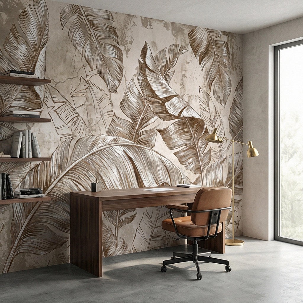Tropical Banana Leaf Peel and Stick Wall Mural, Neutral Beige Palm Fronds, Textured Hand Drawn Large Scale Botanical Leaves Wallpaper