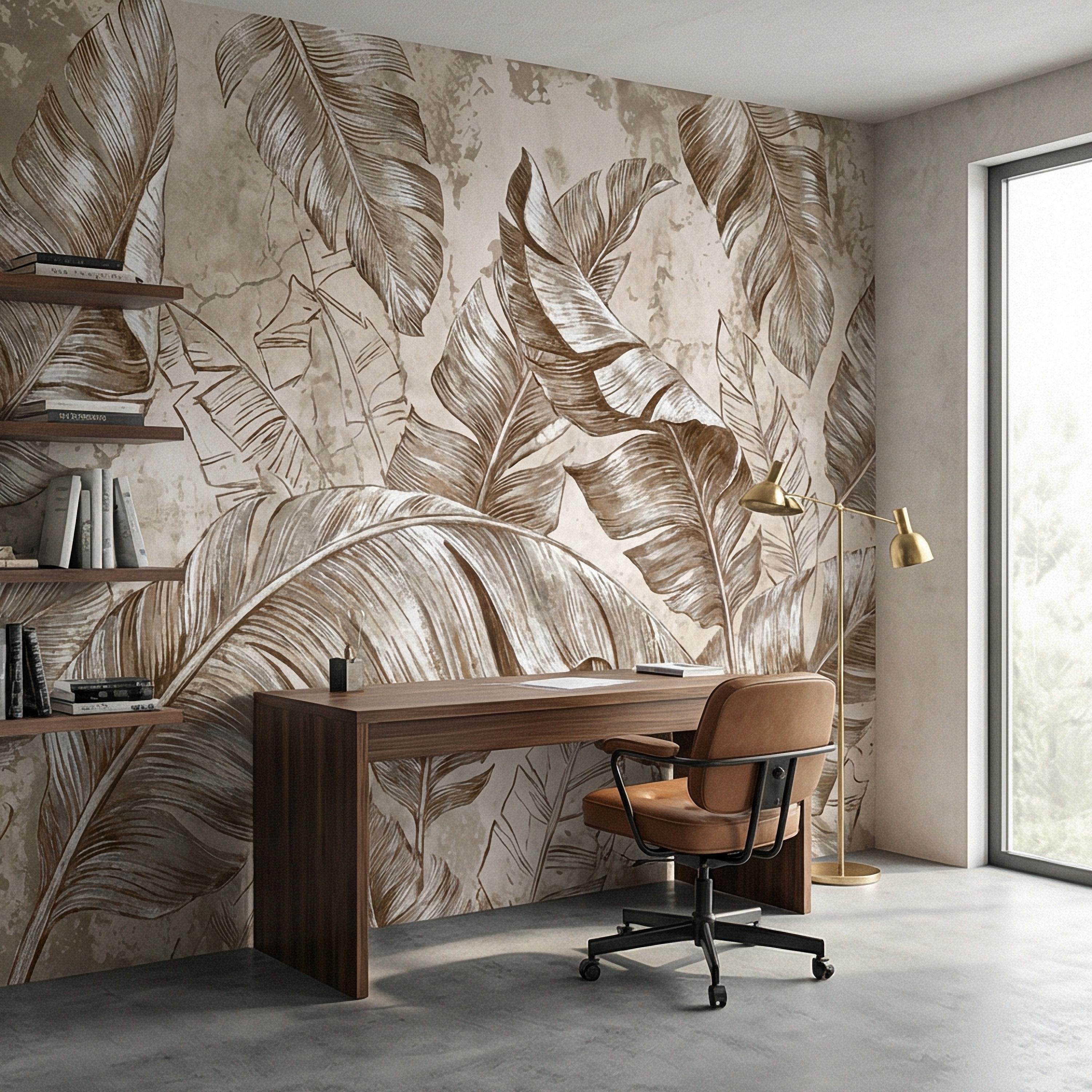 Tropical Banana Leaf Peel and Stick Wall Mural, Neutral Beige Palm Fronds, Textured Hand Drawn Large Scale Botanical Leaves Wallpaper