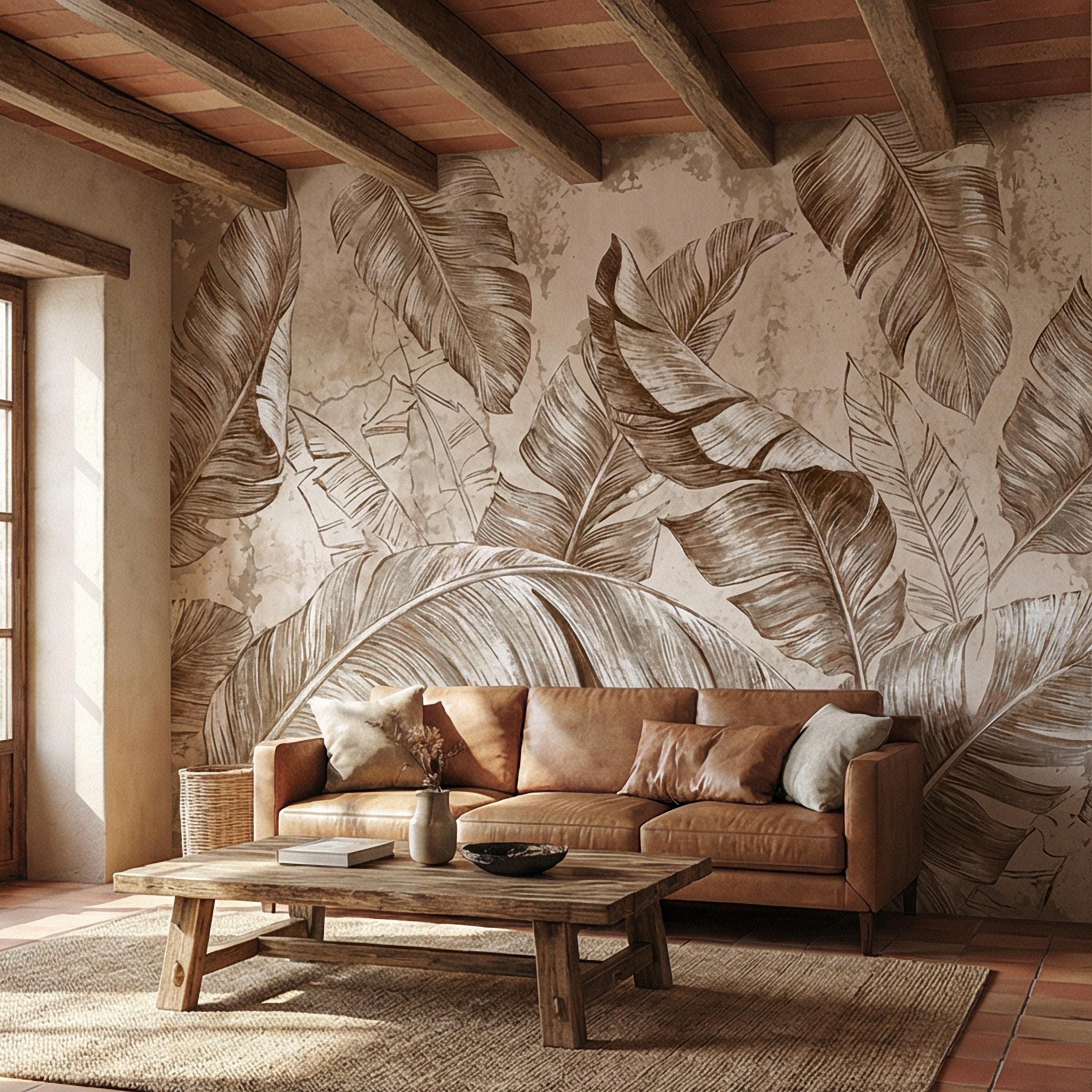 Tropical Banana Leaf Peel and Stick Wall Mural, Neutral Beige Palm Fronds, Textured Hand Drawn Large Scale Botanical Leaves Wallpaper