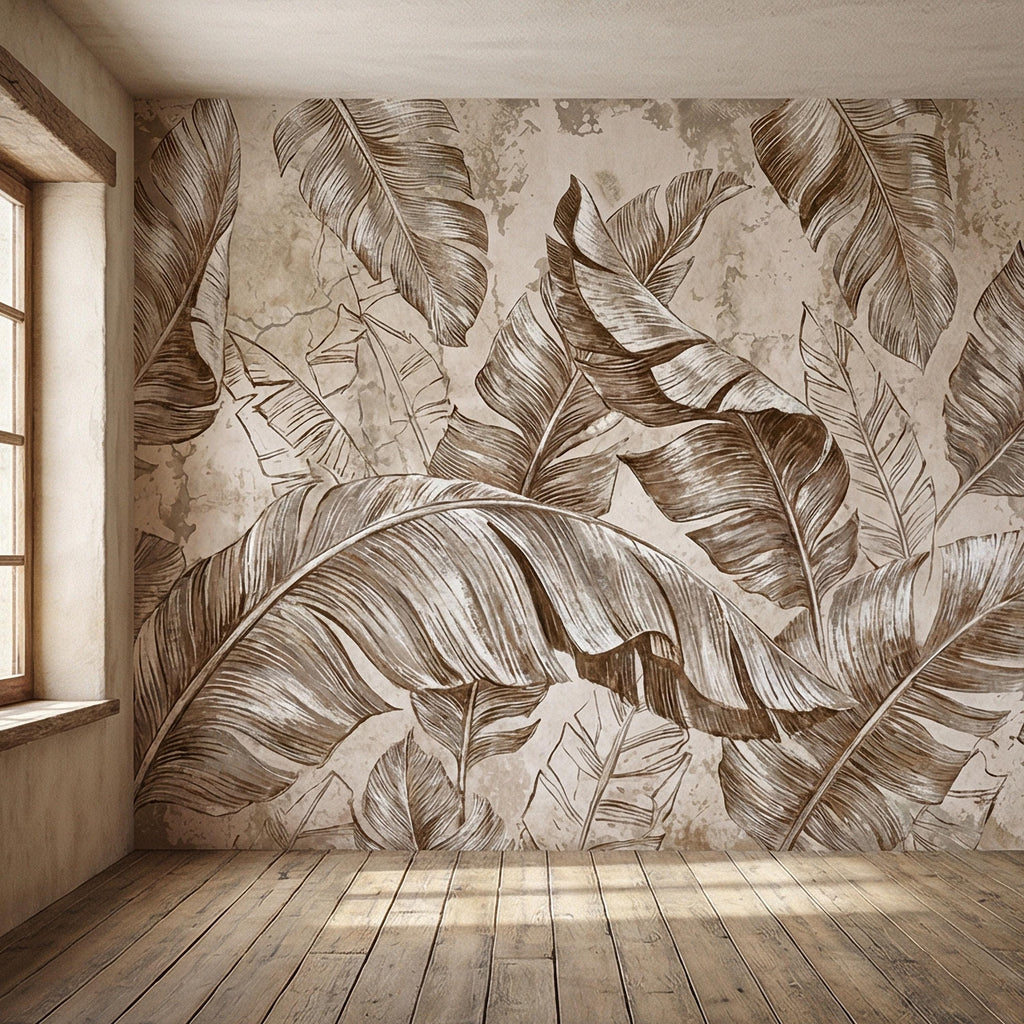 Tropical Banana Leaf Peel and Stick Wall Mural, Neutral Beige Palm Fronds, Textured Hand Drawn Large Scale Botanical Leaves Wallpaper