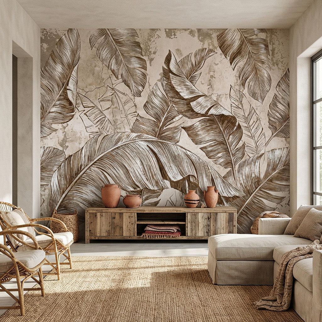 Tropical Banana Leaf Peel and Stick Wall Mural, Neutral Beige Palm Fronds, Textured Hand Drawn Large Scale Botanical Leaves Wallpaper