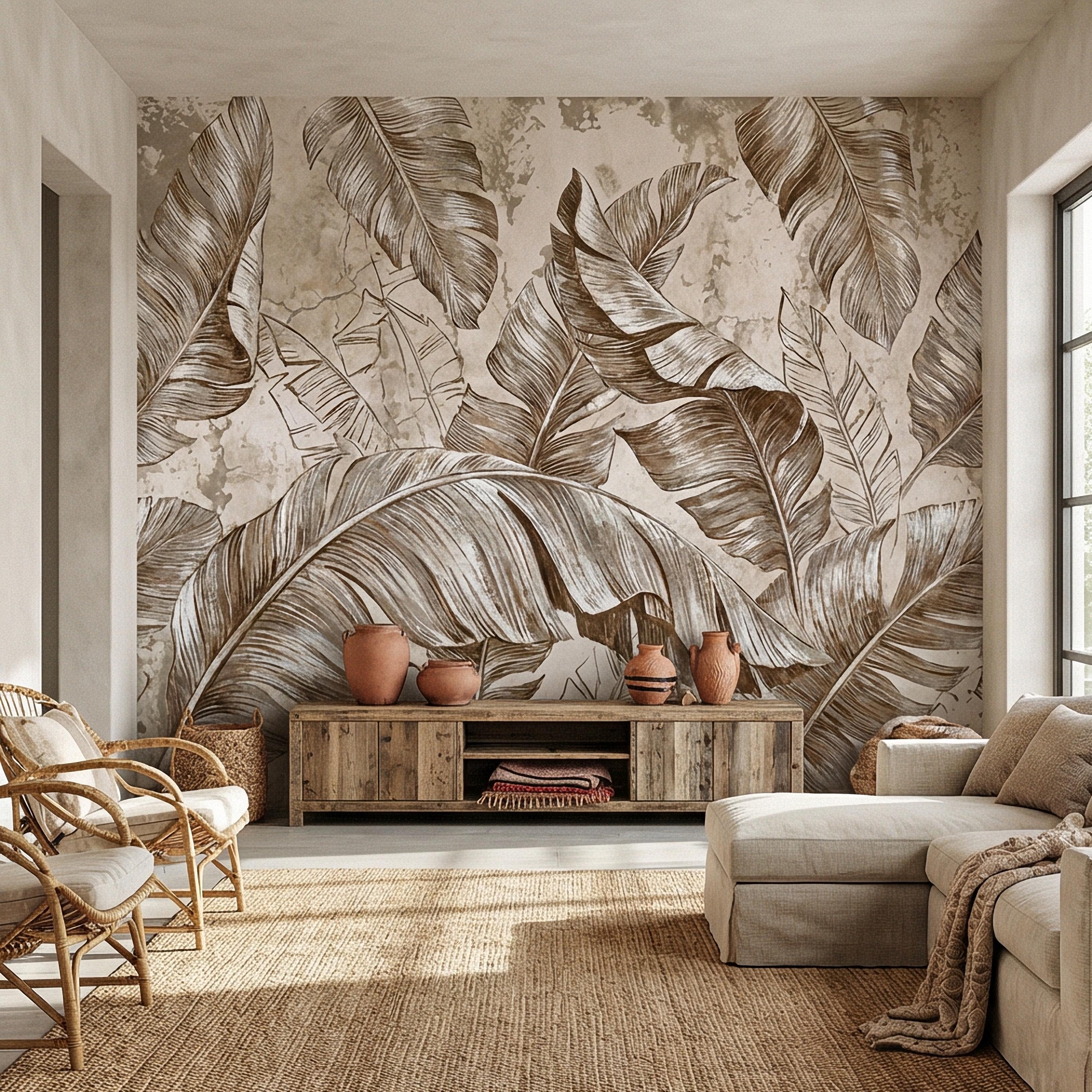 Tropical Banana Leaf Peel and Stick Wall Mural, Neutral Beige Palm Fronds, Textured Hand Drawn Large Scale Botanical Leaves Wallpaper