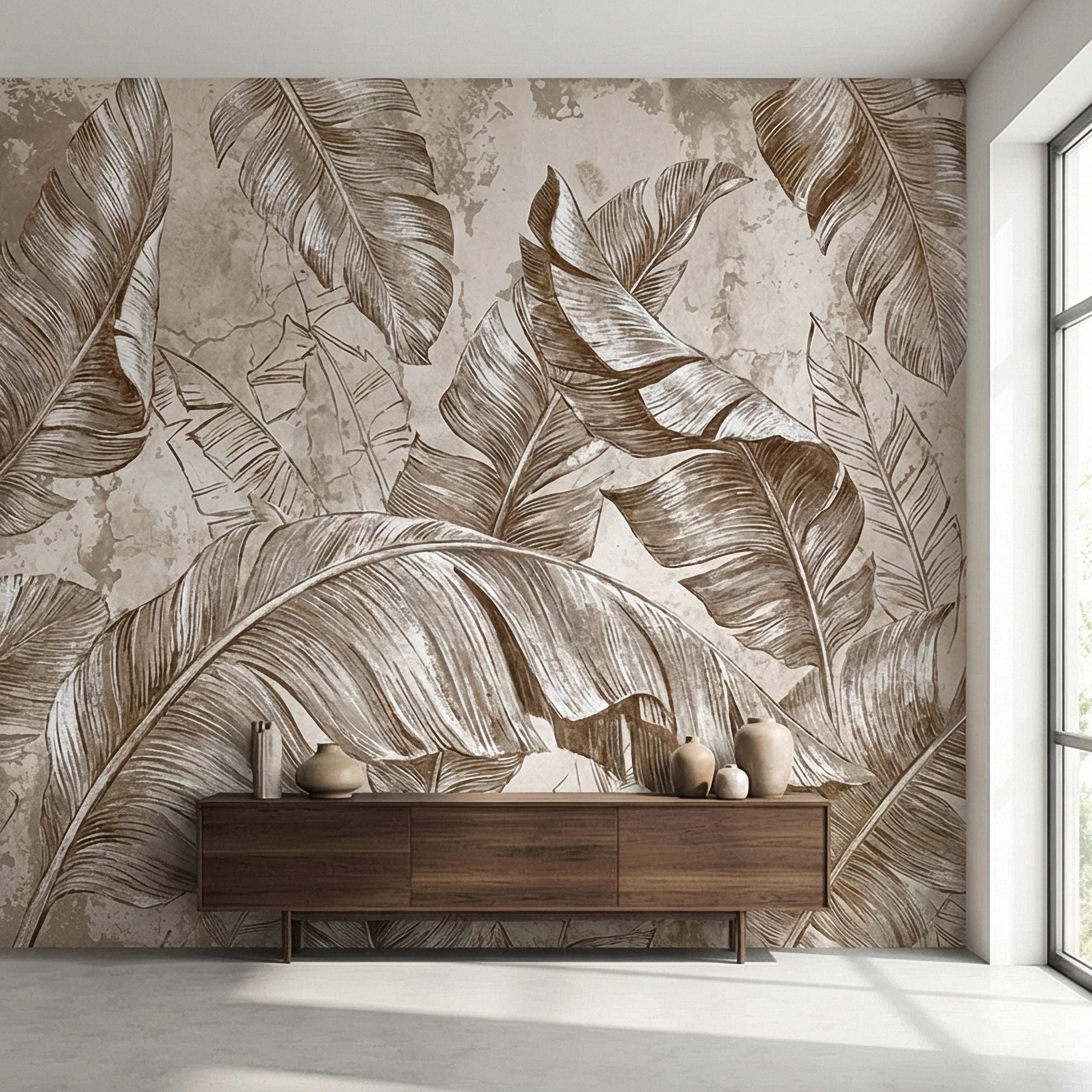 Tropical Banana Leaf Peel and Stick Wall Mural, Neutral Beige Palm Fronds, Textured Hand Drawn Large Scale Botanical Leaves Wallpaper
