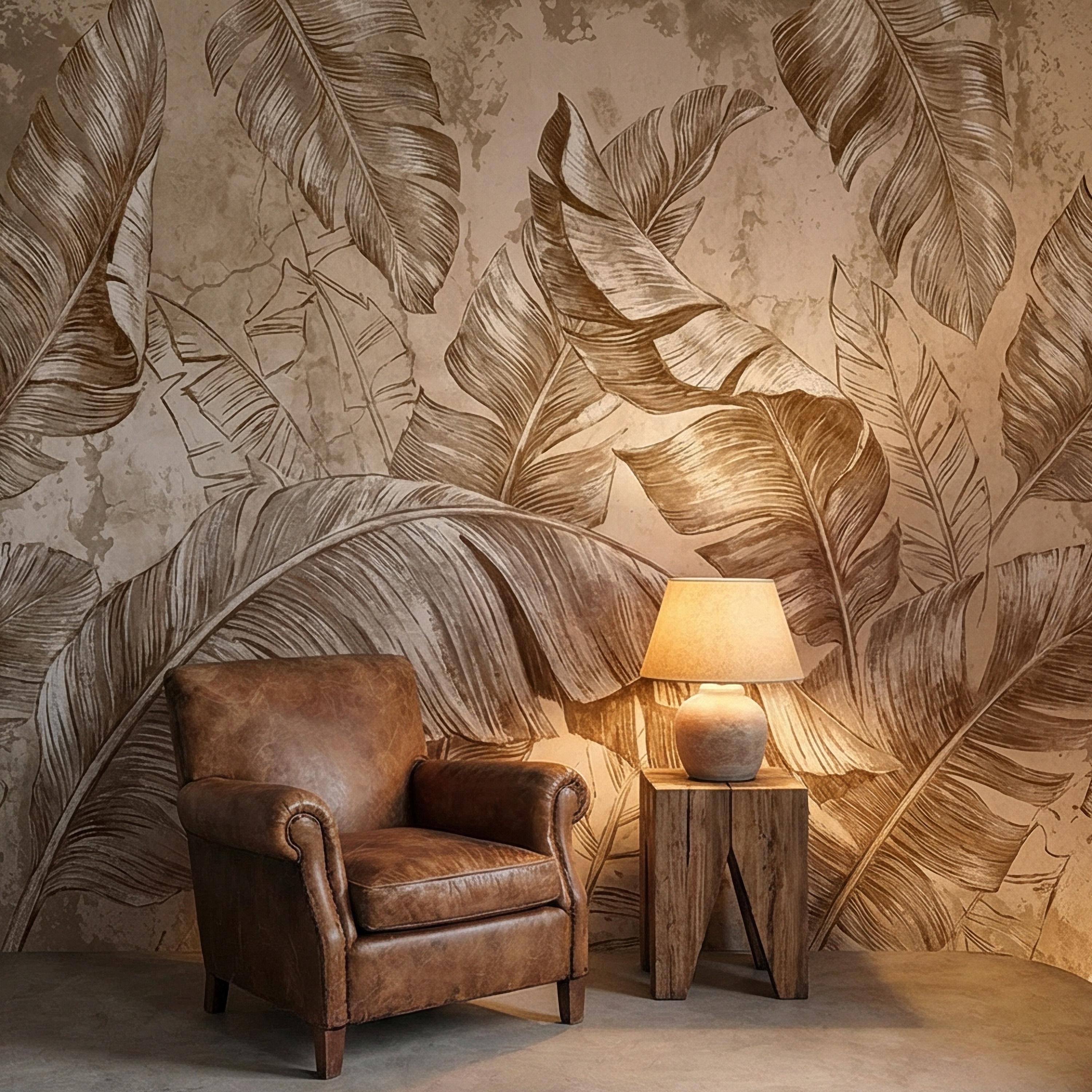 Tropical Banana Leaf Peel and Stick Wall Mural, Neutral Beige Palm Fronds, Textured Hand Drawn Large Scale Botanical Leaves Wallpaper