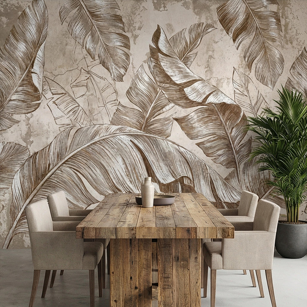Tropical Banana Leaf Peel and Stick Wall Mural, Neutral Beige Palm Fronds, Textured Hand Drawn Large Scale Botanical Leaves Wallpaper