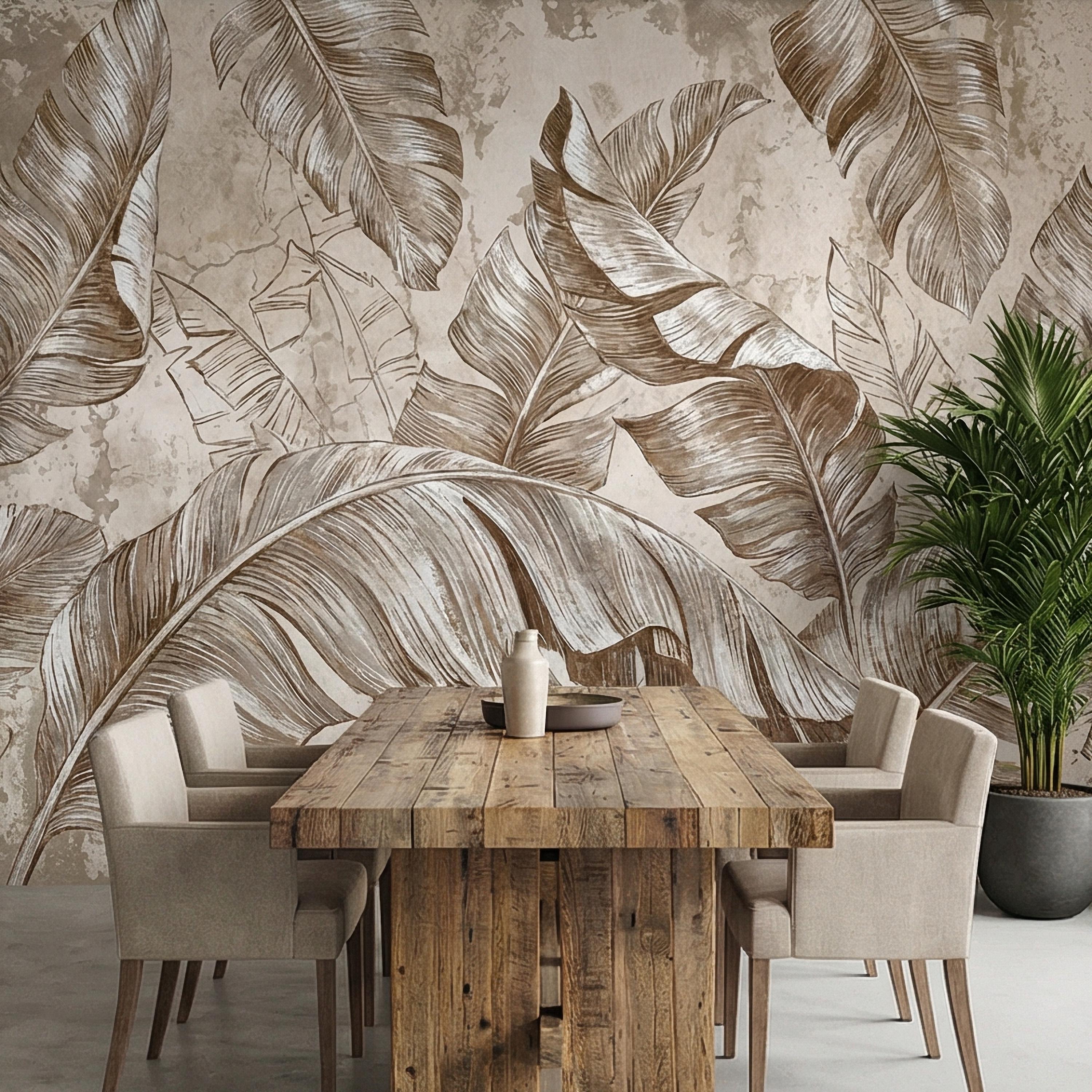 Tropical Banana Leaf Peel and Stick Wall Mural, Neutral Beige Palm Fronds, Textured Hand Drawn Large Scale Botanical Leaves Wallpaper