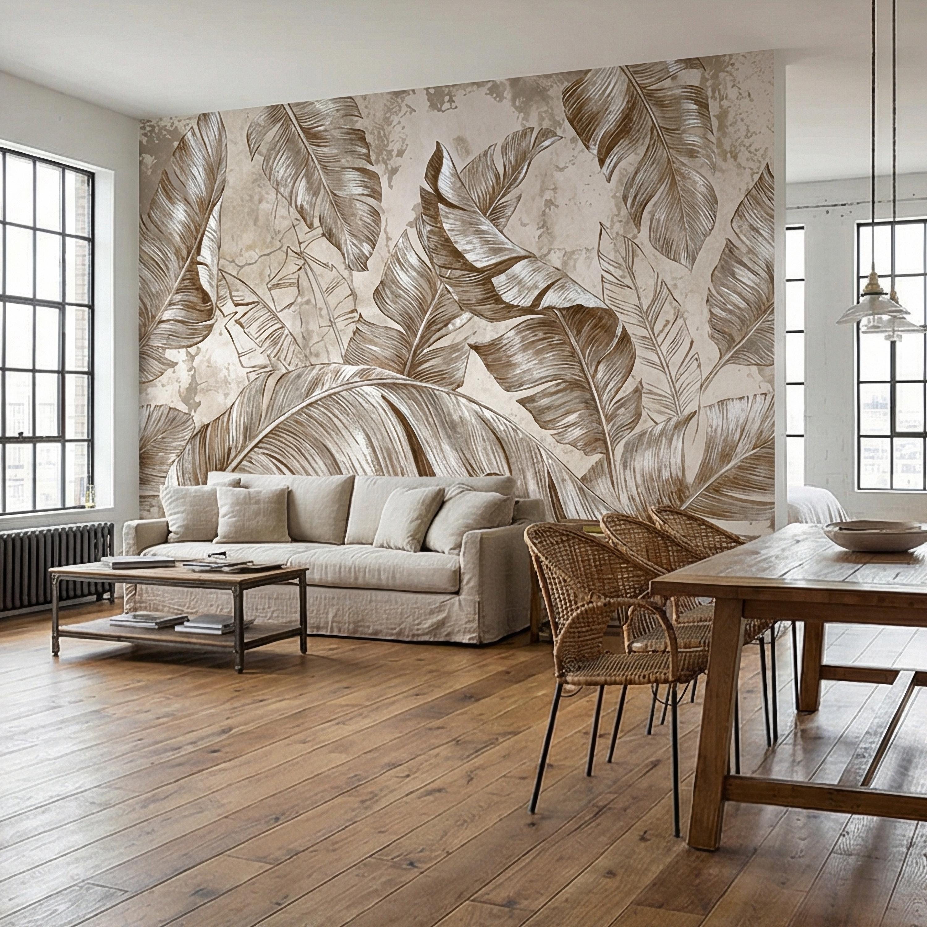 Tropical Banana Leaf Peel and Stick Wall Mural, Neutral Beige Palm Fronds, Textured Hand Drawn Large Scale Botanical Leaves Wallpaper