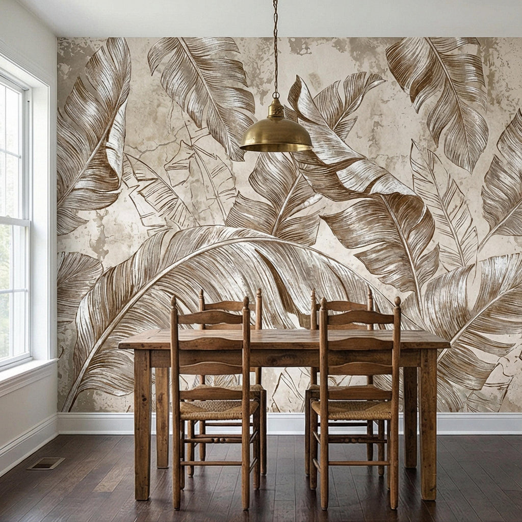 Tropical Banana Leaf Peel and Stick Wall Mural, Neutral Beige Palm Fronds, Textured Hand Drawn Large Scale Botanical Leaves Wallpaper
