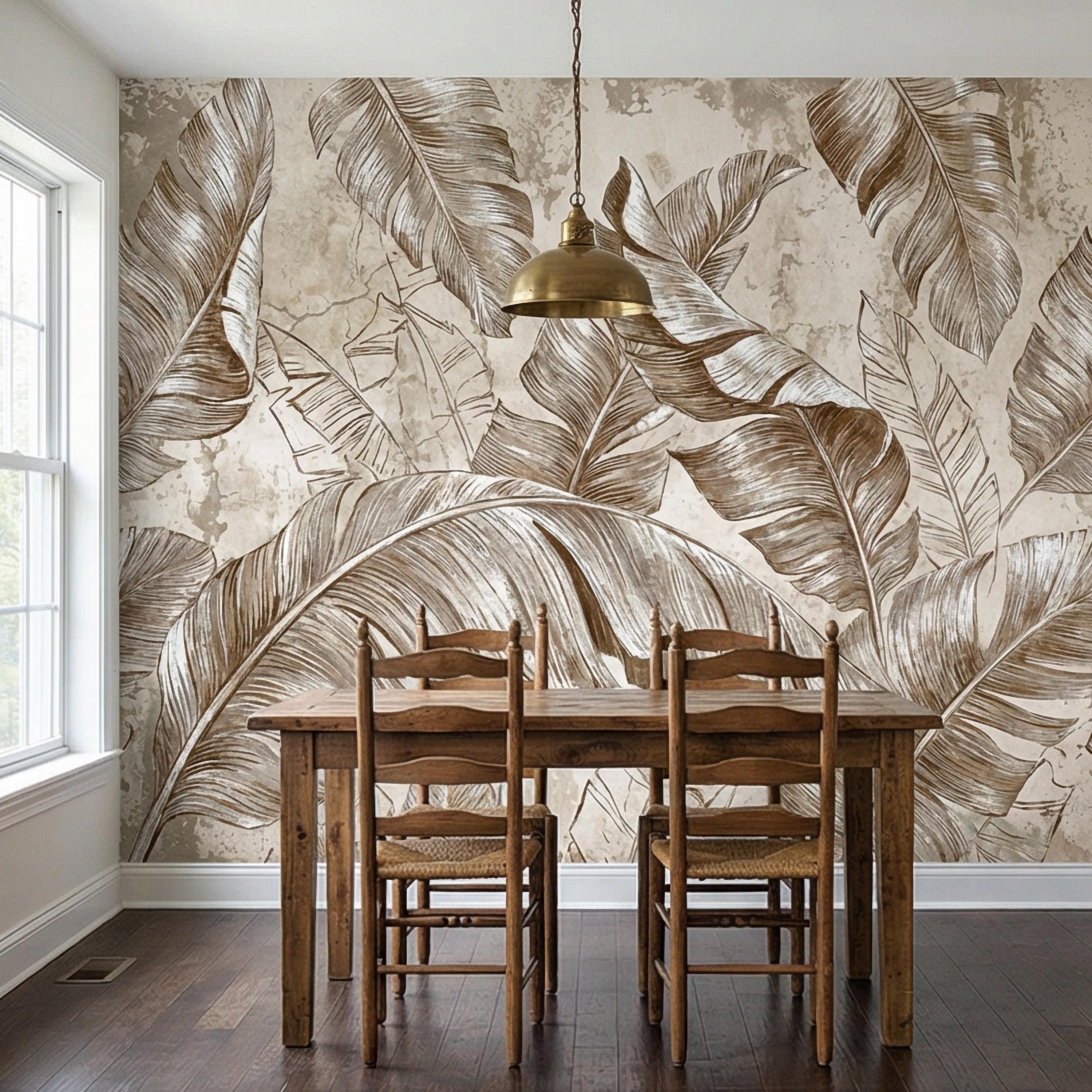 Tropical Banana Leaf Peel and Stick Wall Mural, Neutral Beige Palm Fronds, Textured Hand Drawn Large Scale Botanical Leaves Wallpaper