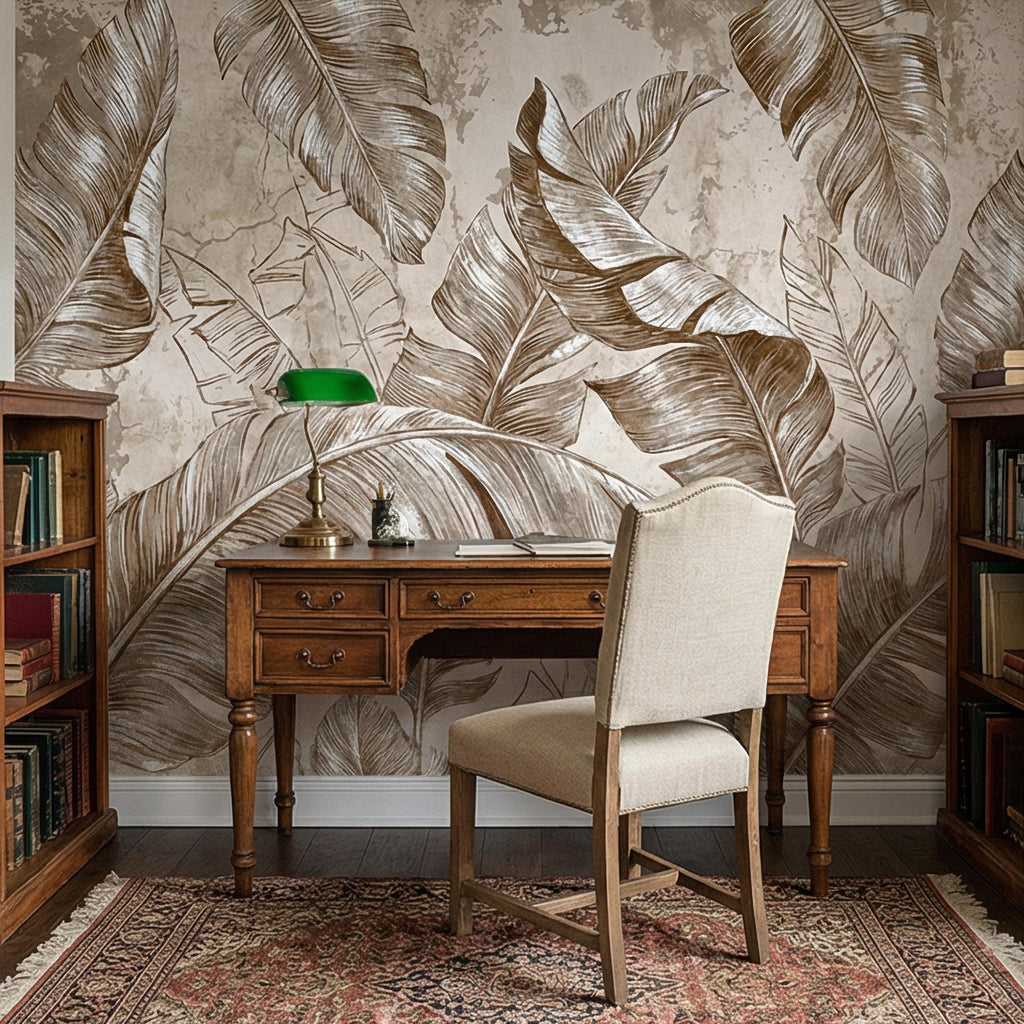 Tropical Banana Leaf Peel and Stick Wall Mural, Neutral Beige Palm Fronds, Textured Hand Drawn Large Scale Botanical Leaves Wallpaper