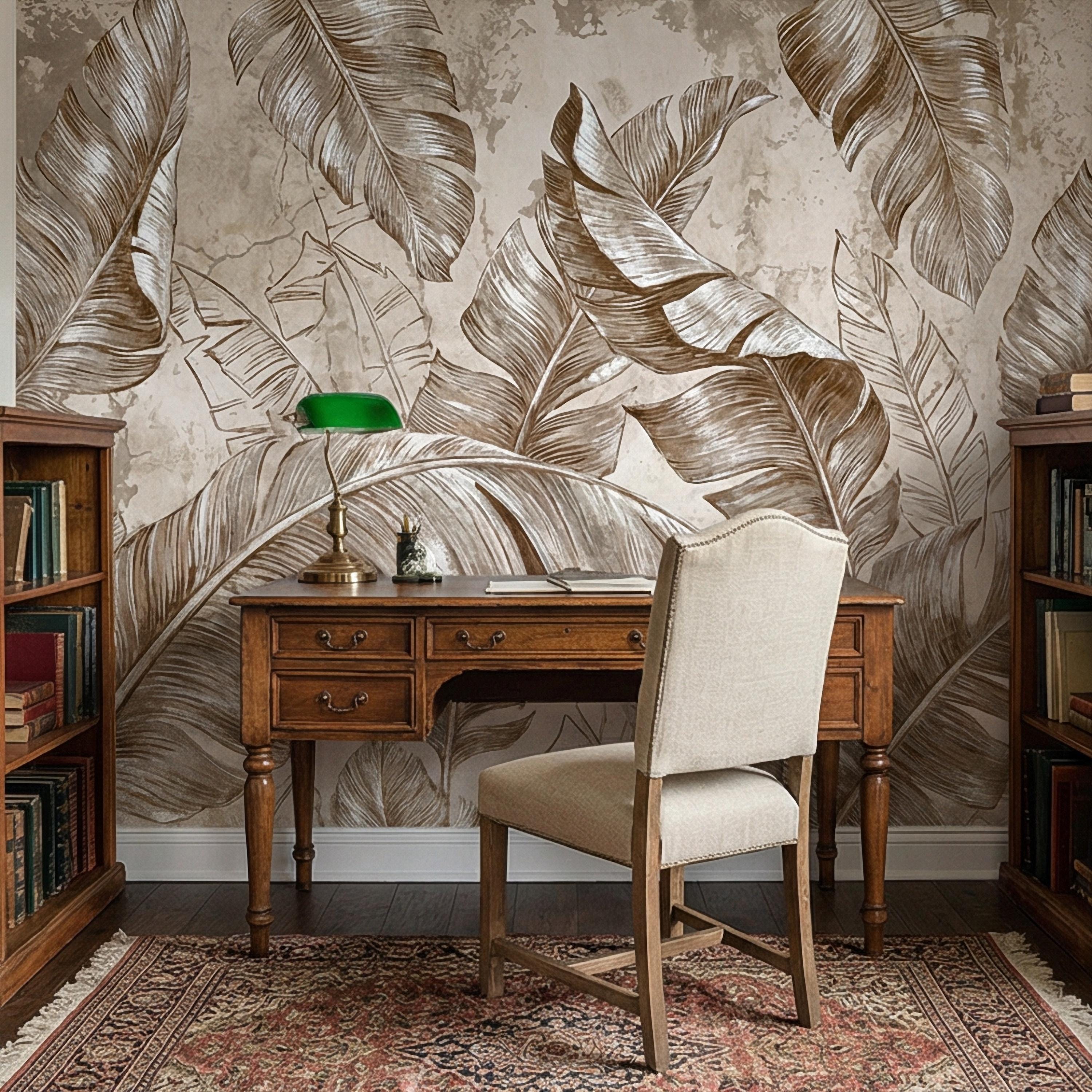Tropical Banana Leaf Peel and Stick Wall Mural, Neutral Beige Palm Fronds, Textured Hand Drawn Large Scale Botanical Leaves Wallpaper