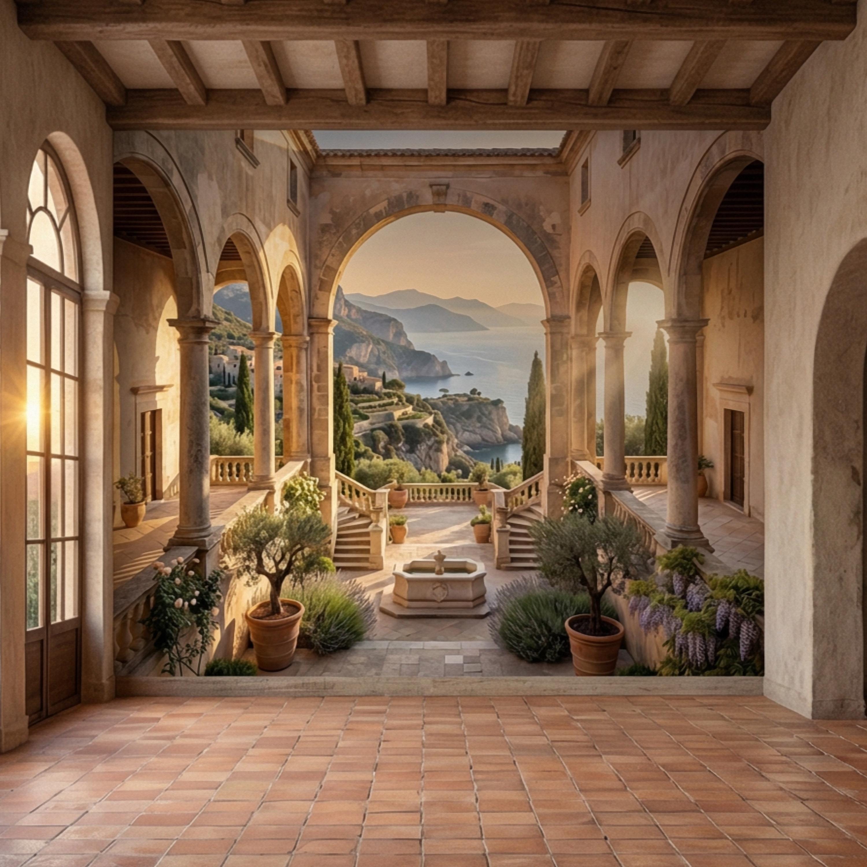 Amalfi Coast Archway Peel and Stick Wall Mural, Mediterranean Cloister Sea View, Italian Villa Landscape Wallpaper