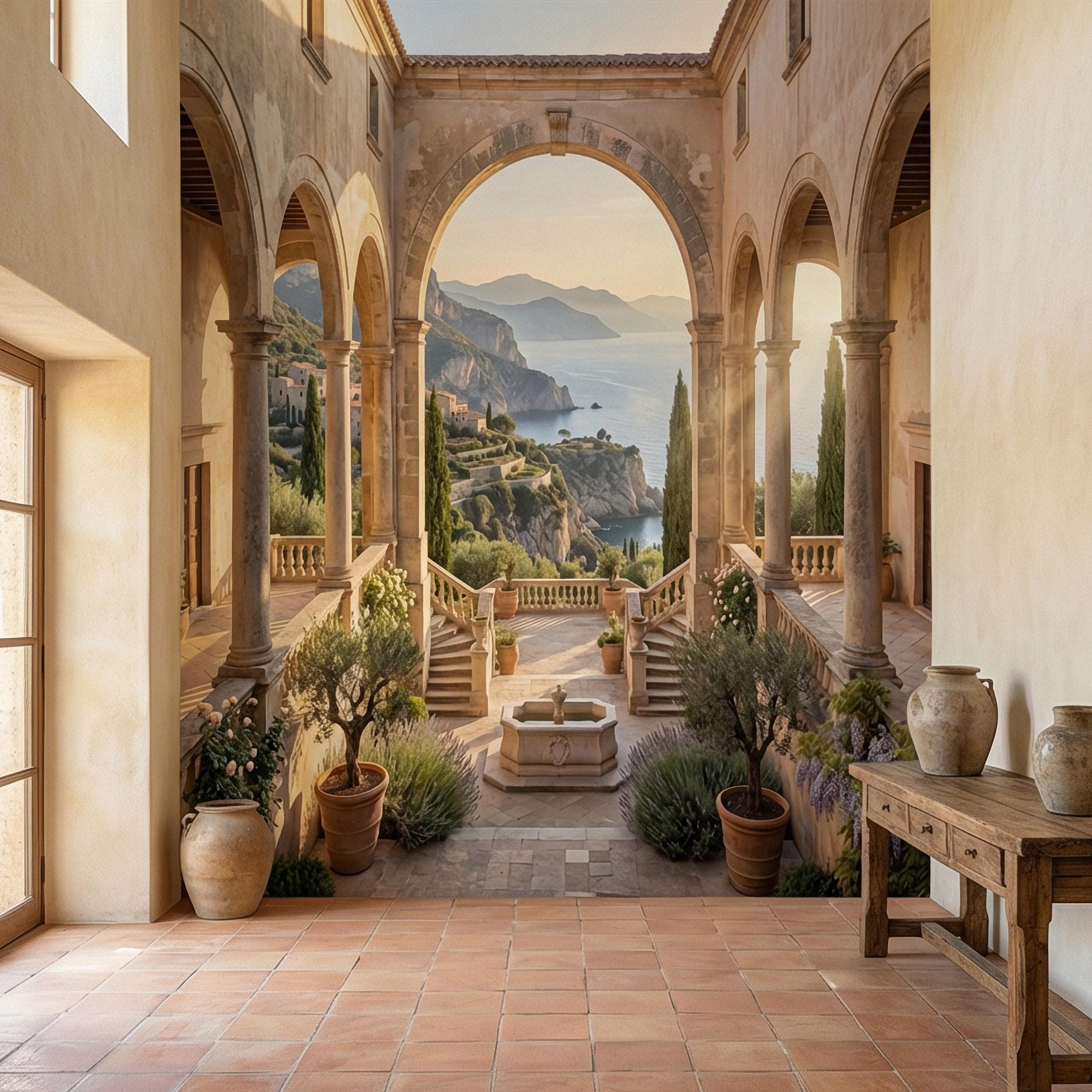 Amalfi Coast Archway Peel and Stick Wall Mural, Mediterranean Cloister Sea View, Italian Villa Landscape Wallpaper