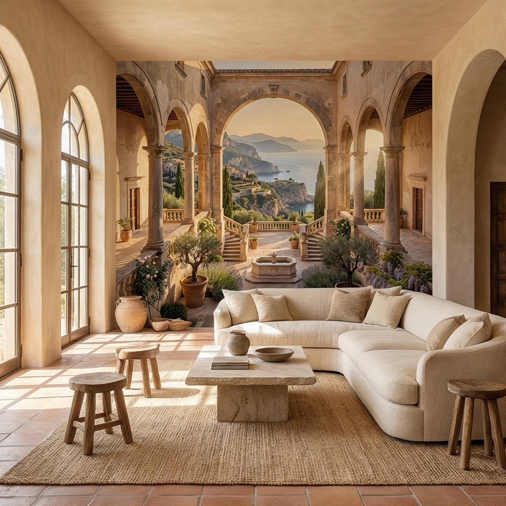 Amalfi Coast Archway Peel and Stick Wall Mural, Mediterranean Cloister Sea View, Italian Villa Landscape Wallpaper