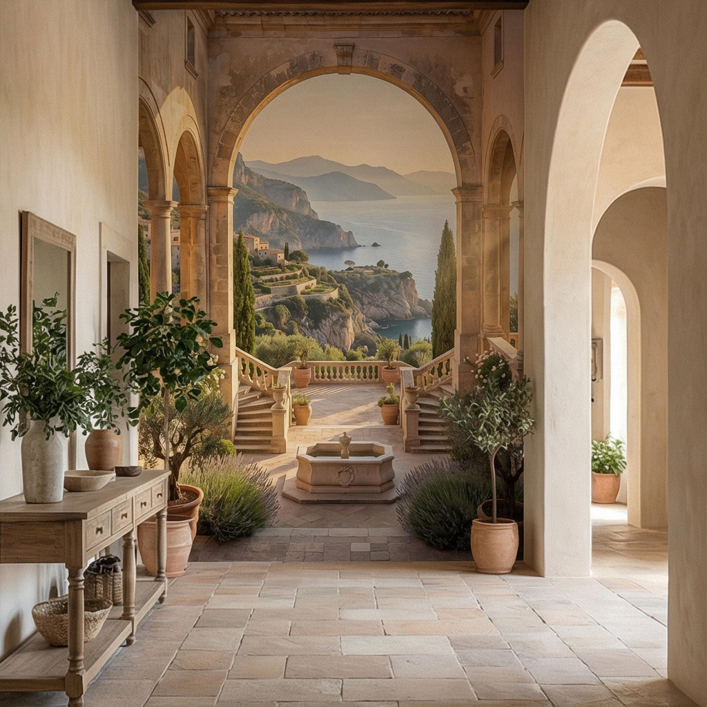 Amalfi Coast Archway Peel and Stick Wall Mural, Mediterranean Cloister Sea View, Italian Villa Landscape Wallpaper
