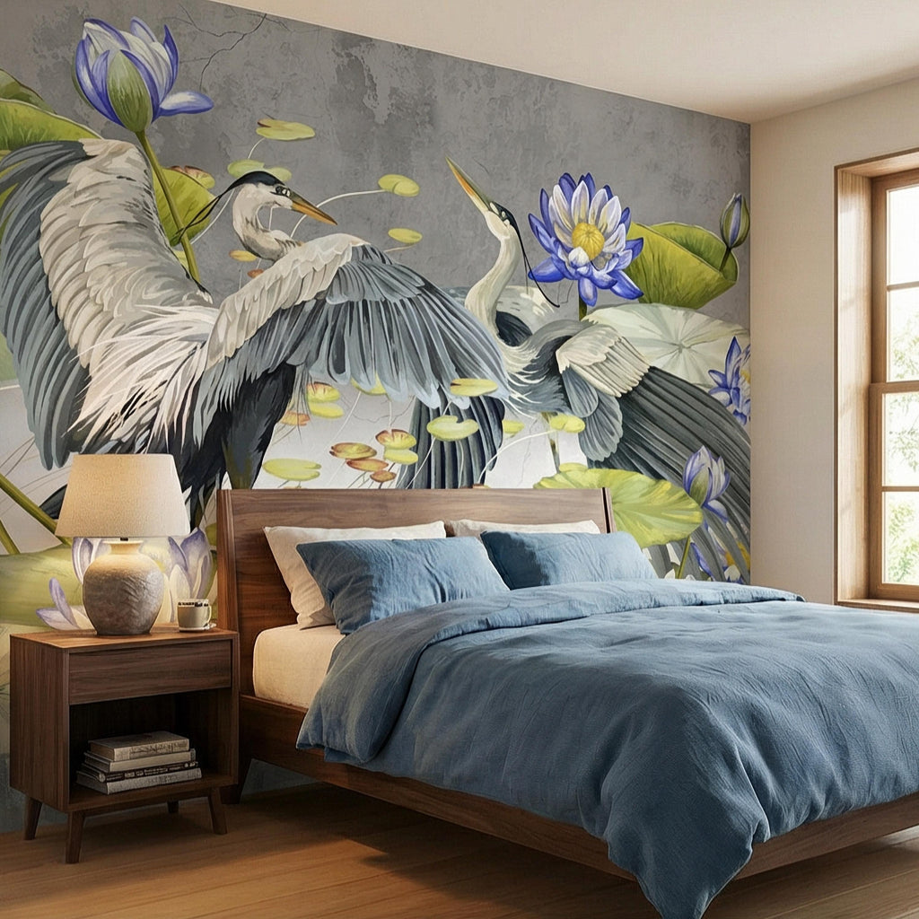 Heron Water Lily Peel and Stick Wall Mural, Blue Lotus Pond, Chinoiserie Bird Botanical, Serene Lily Pad Nature Gray Green Wallpaper