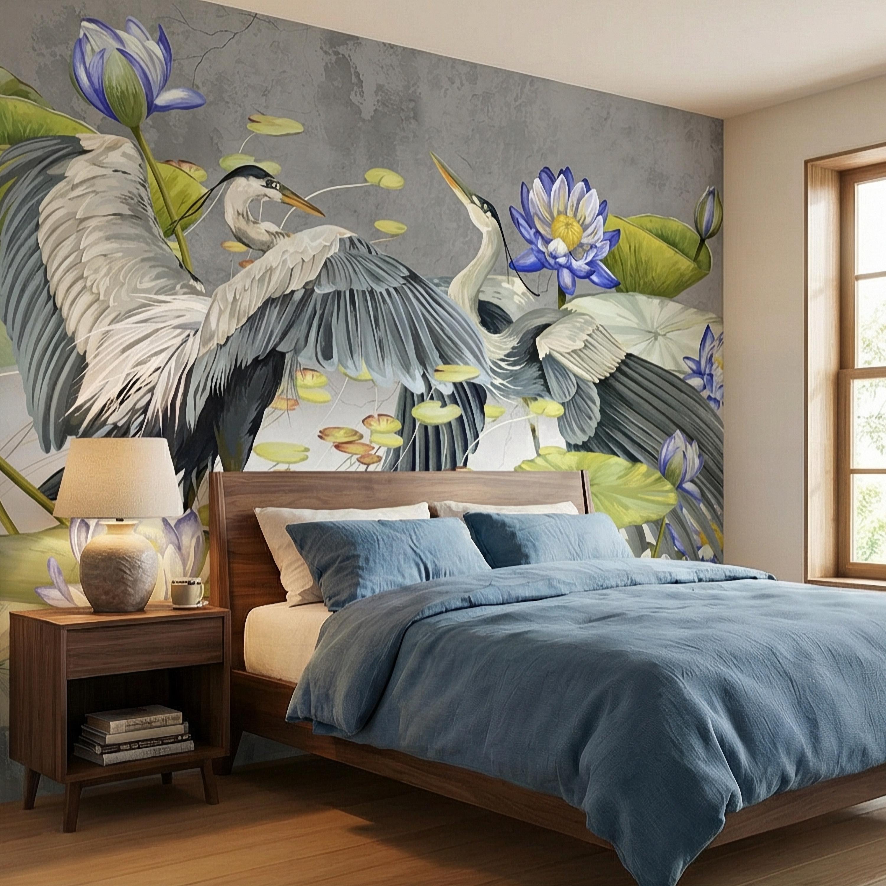 Heron Water Lily Peel and Stick Wall Mural, Blue Lotus Pond, Chinoiserie Bird Botanical, Serene Lily Pad Nature Gray Green Wallpaper