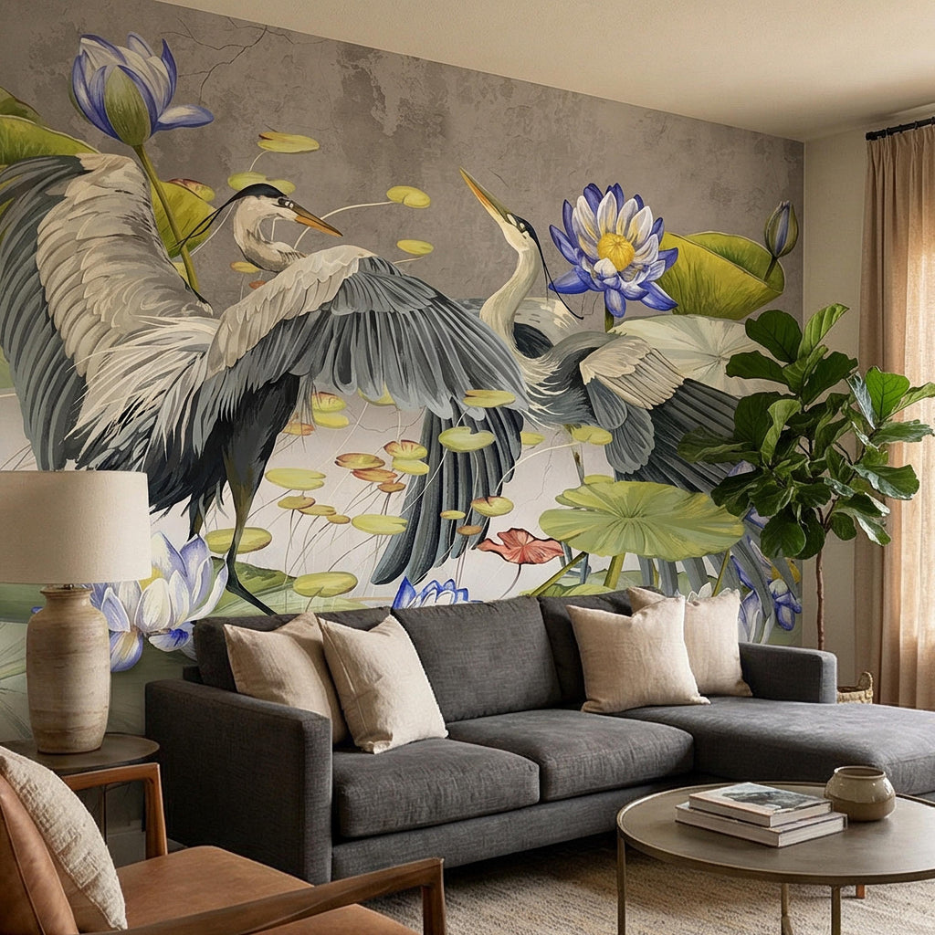 Heron Water Lily Peel and Stick Wall Mural, Blue Lotus Pond, Chinoiserie Bird Botanical, Serene Lily Pad Nature Gray Green Wallpaper
