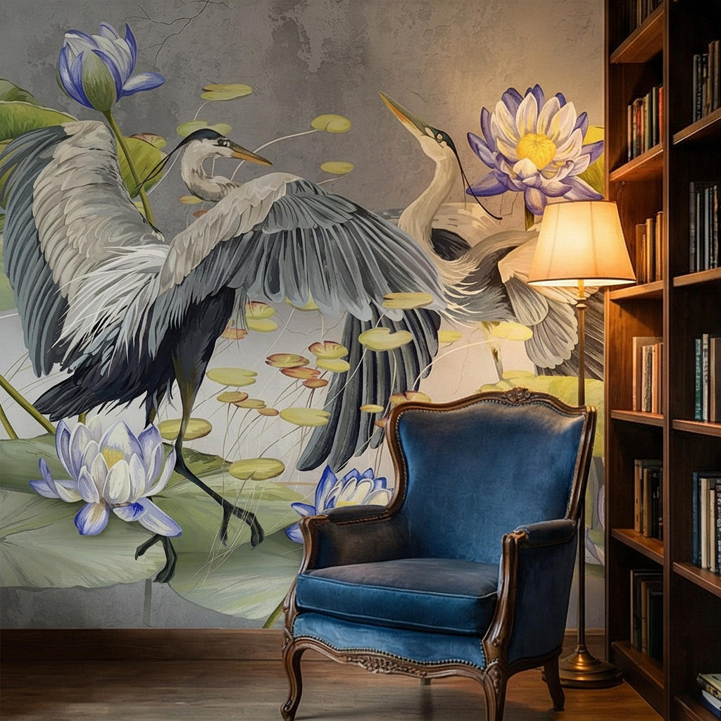 Heron Water Lily Peel and Stick Wall Mural, Blue Lotus Pond, Chinoiserie Bird Botanical, Serene Lily Pad Nature Gray Green Wallpaper