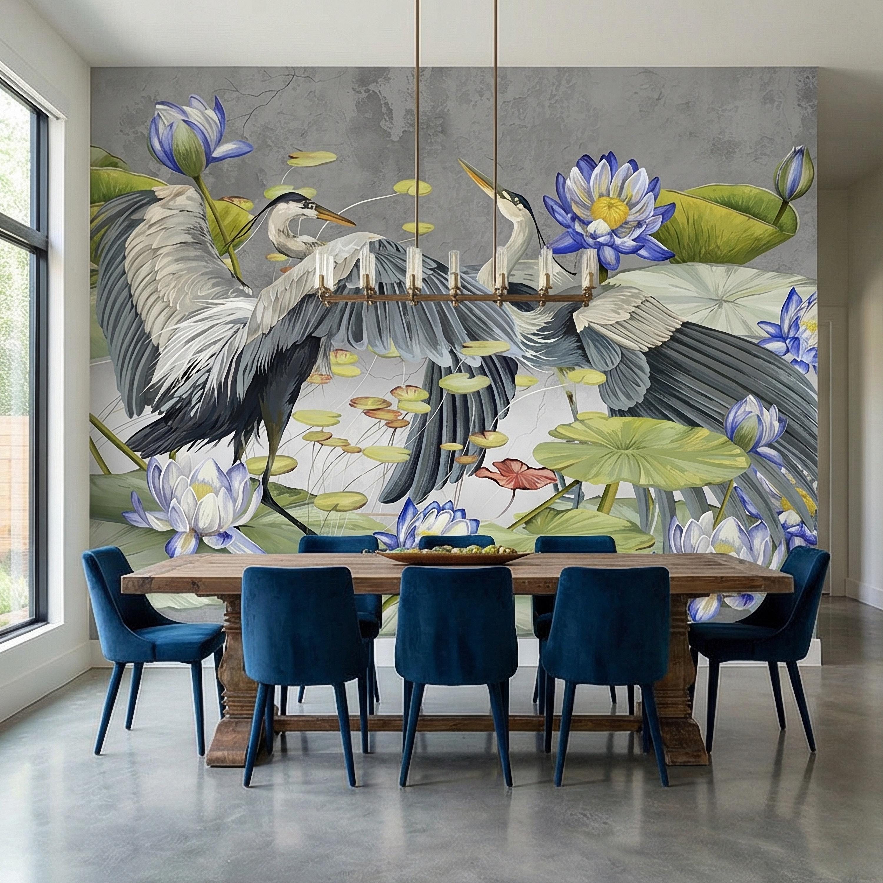 Heron Water Lily Peel and Stick Wall Mural, Blue Lotus Pond, Chinoiserie Bird Botanical, Serene Lily Pad Nature Gray Green Wallpaper