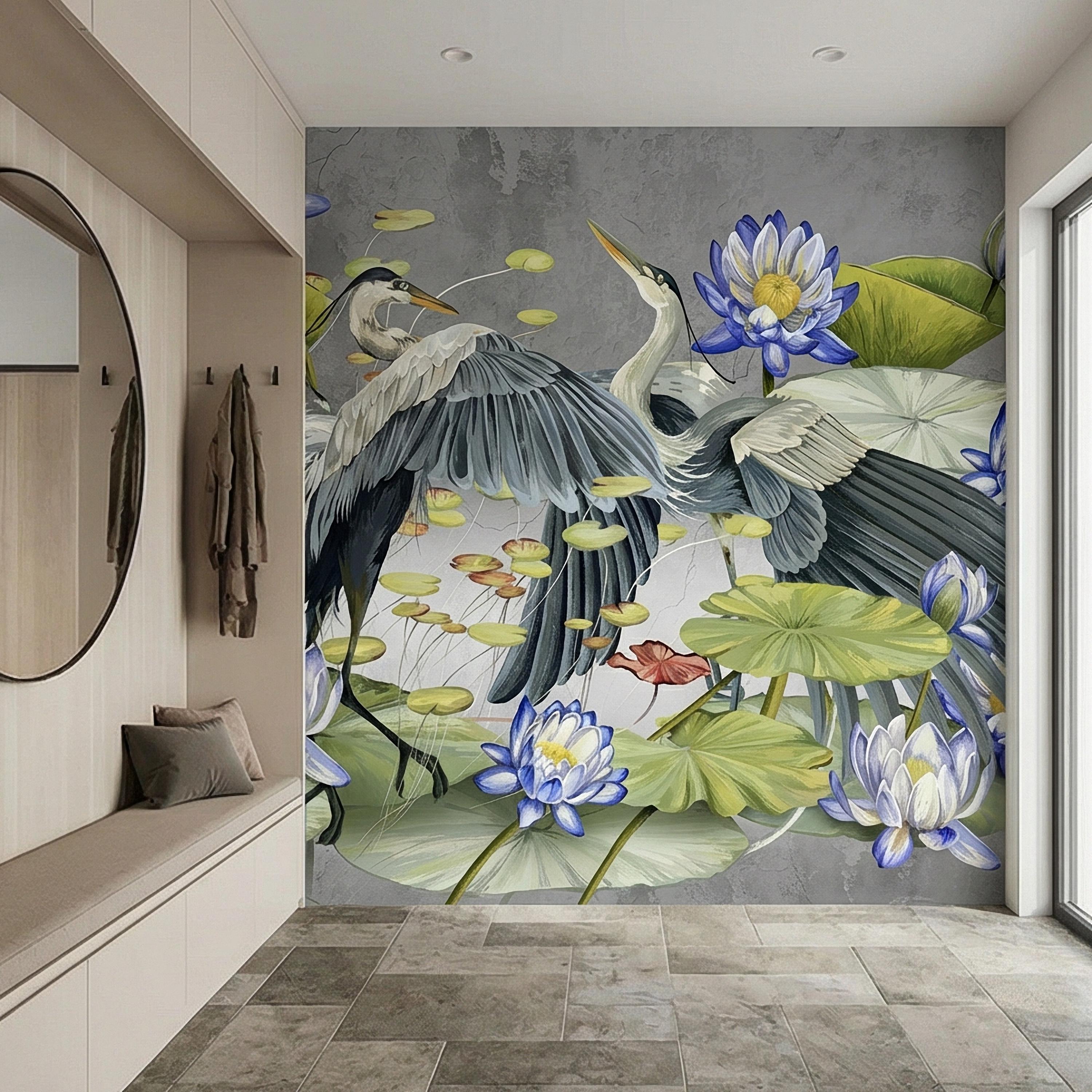 Heron Water Lily Peel and Stick Wall Mural, Blue Lotus Pond, Chinoiserie Bird Botanical, Serene Lily Pad Nature Gray Green Wallpaper